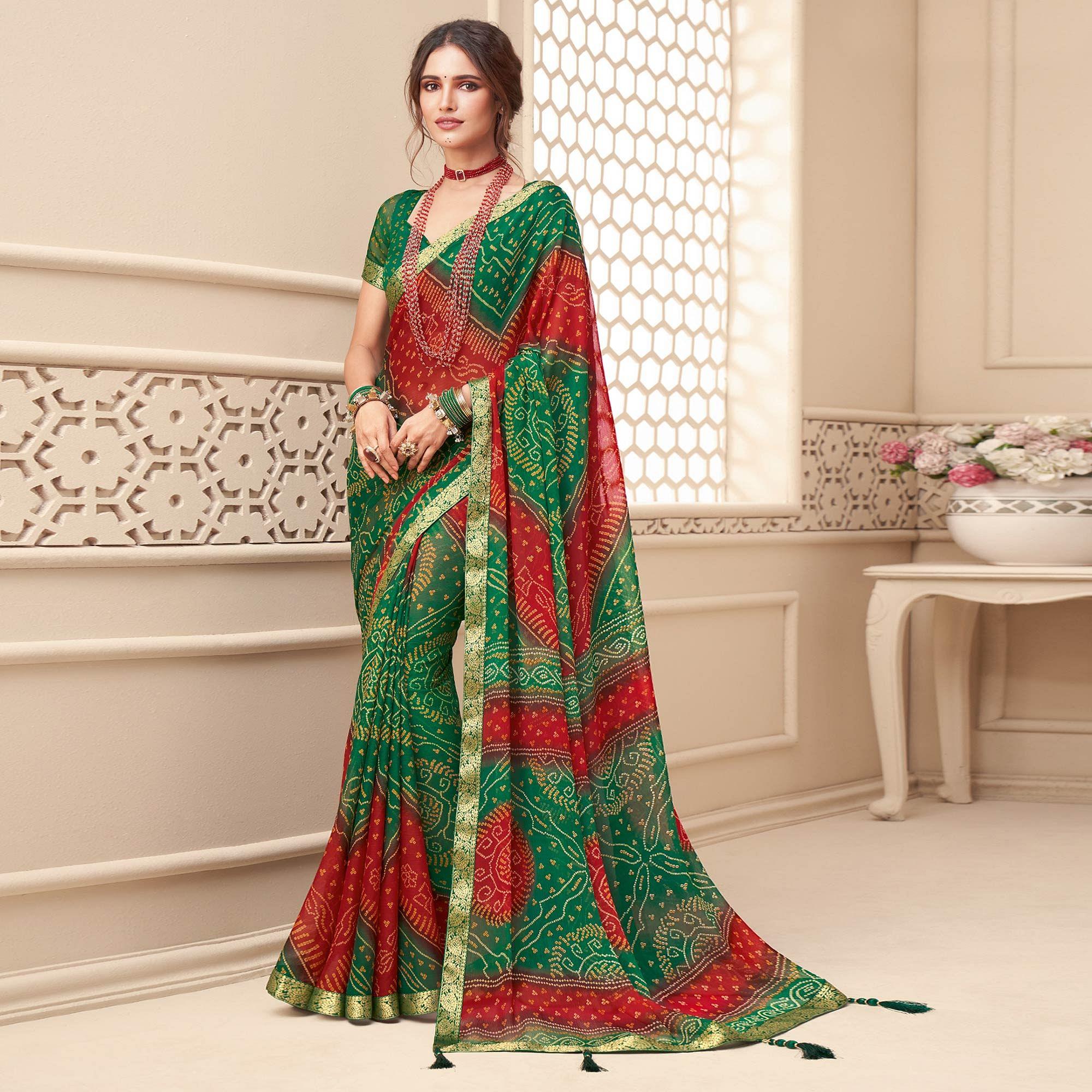 Green-Red Casual Wear Bandhani Printed Chiffon Saree With Tassels - Peachmode
