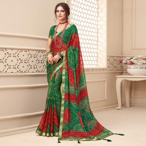 Green-Red Casual Wear Bandhani Printed Chiffon Saree With Tassels - Peachmode