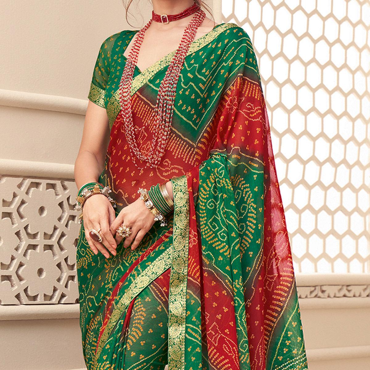 Green-Red Casual Wear Bandhani Printed Chiffon Saree With Tassels - Peachmode