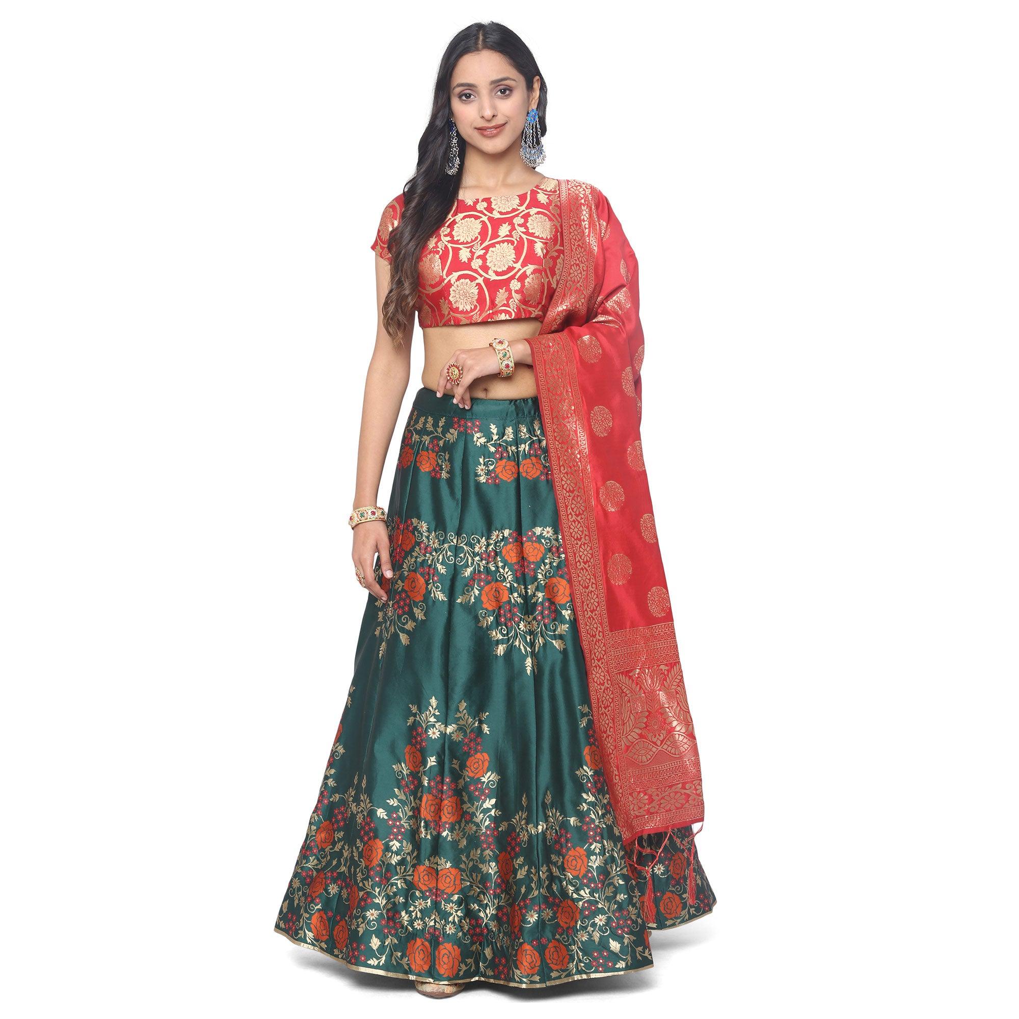 Green-Red Festive Wear Floral Woven Jacquard Lehenga Choli - Peachmode