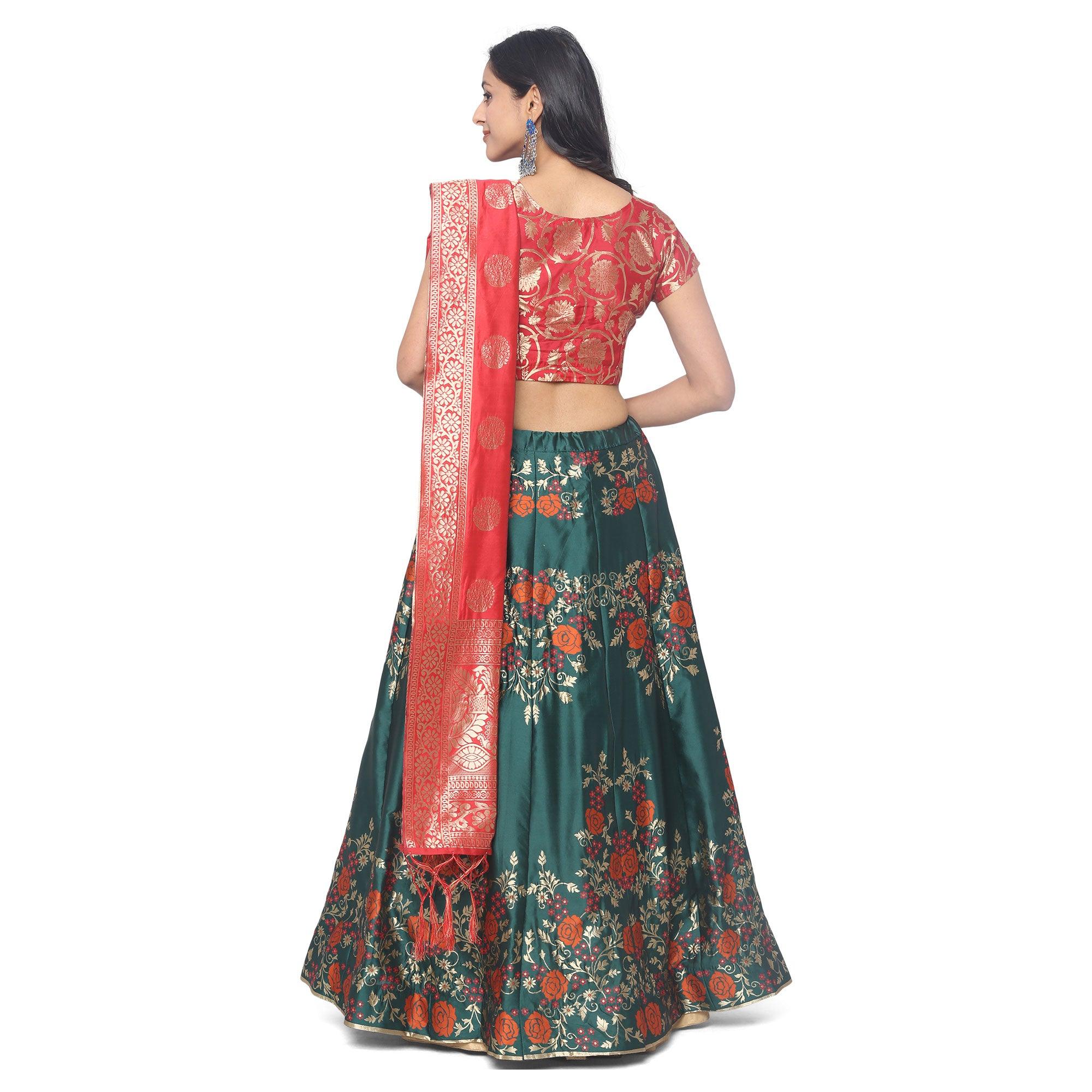 Green-Red Festive Wear Floral Woven Jacquard Lehenga Choli - Peachmode