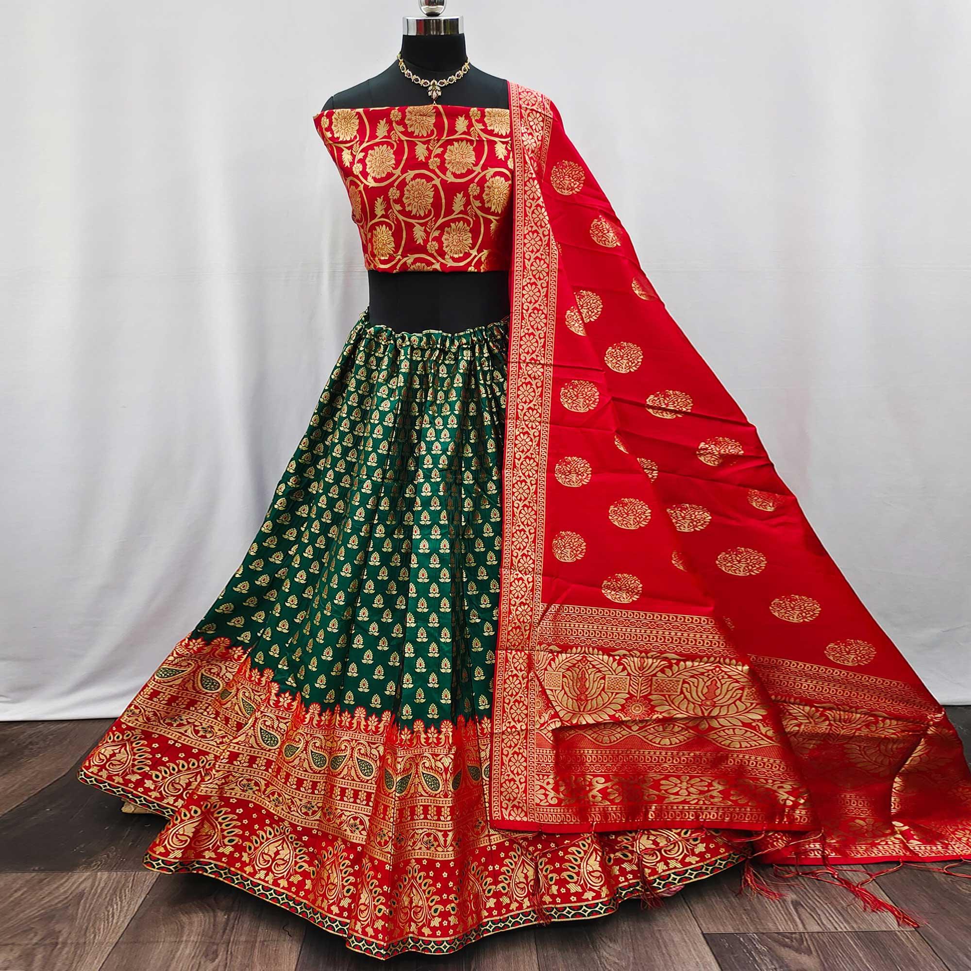 Green-Red Festive Wear Woven Jacquard Lehenga Choli - Peachmode