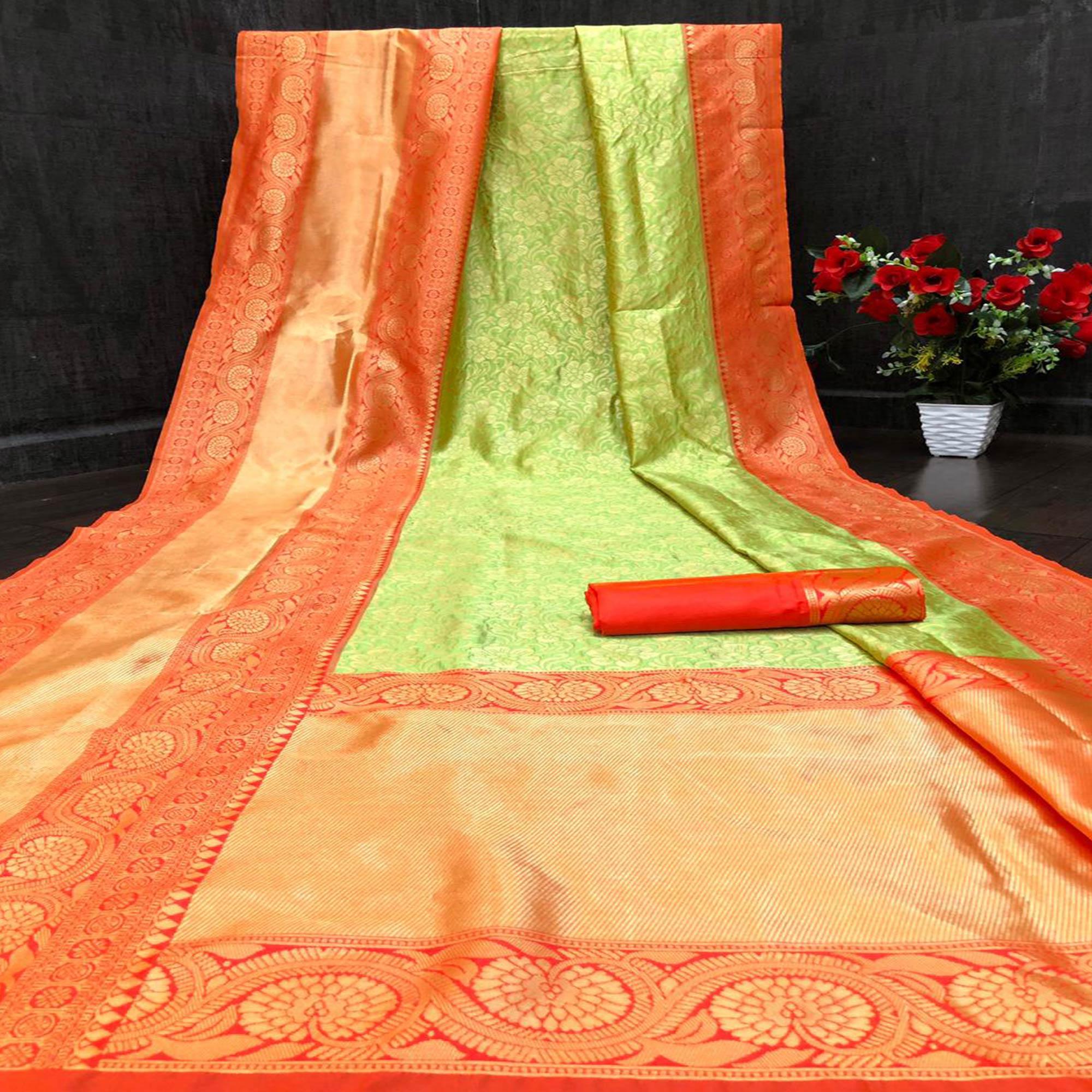 Green-Red Festive Wear Woven Zal Designer Border Soft Lichi Silk Saree - Peachmode