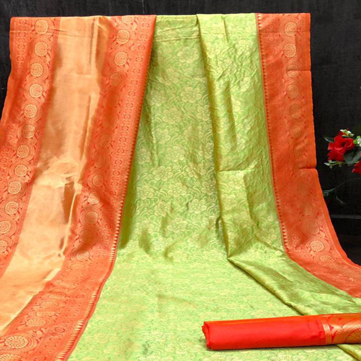 Green-Red Festive Wear Woven Zal Designer Border Soft Lichi Silk Saree - Peachmode
