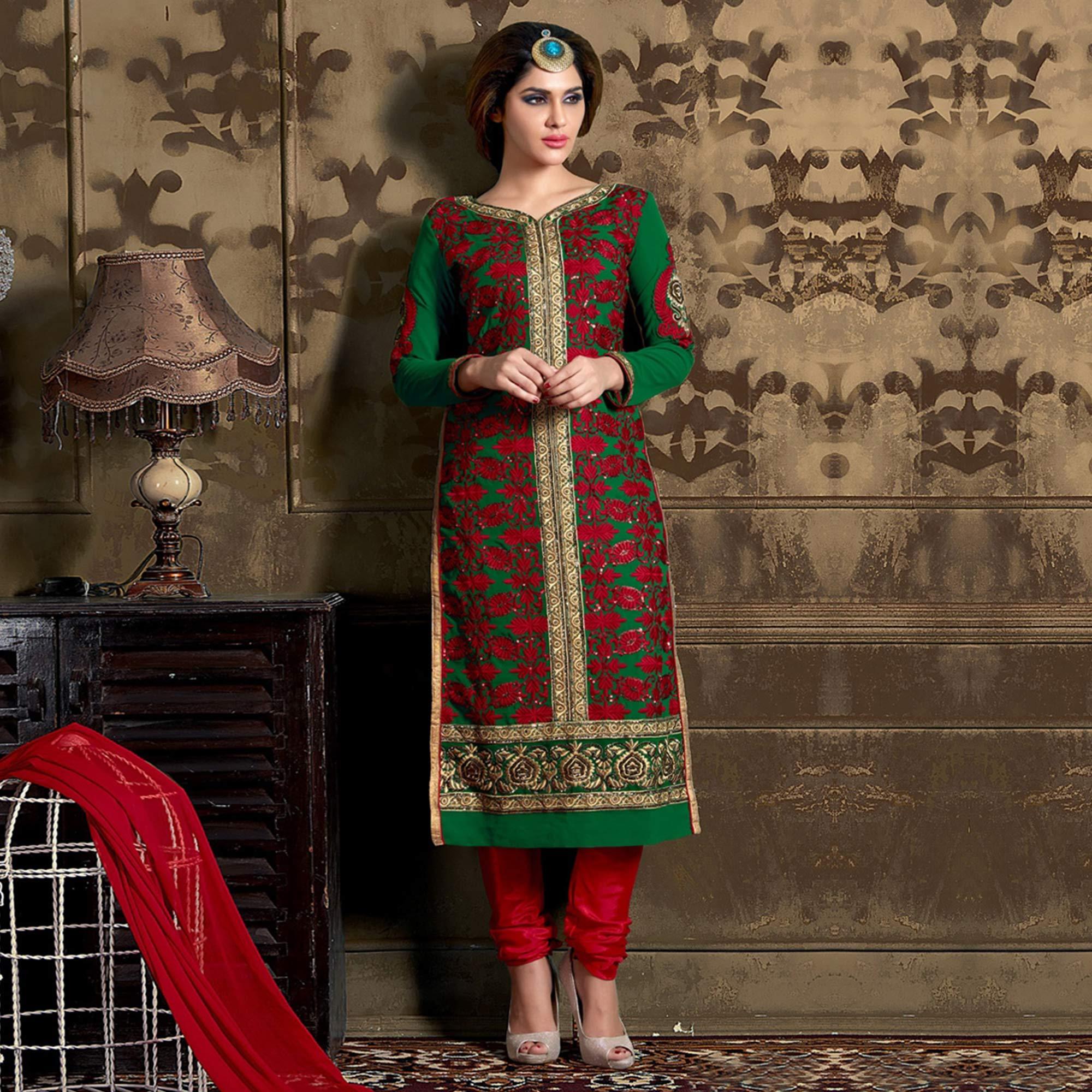 Green - Red Georgette Salwar Suit - Peachmode