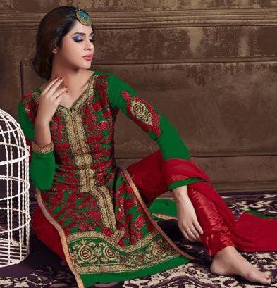Green - Red Georgette Salwar Suit - Peachmode