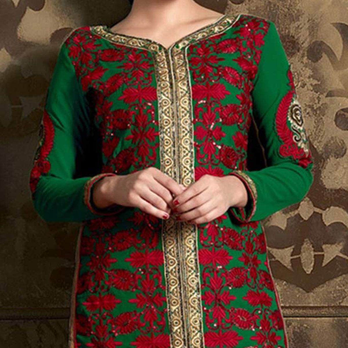Green - Red Georgette Salwar Suit - Peachmode