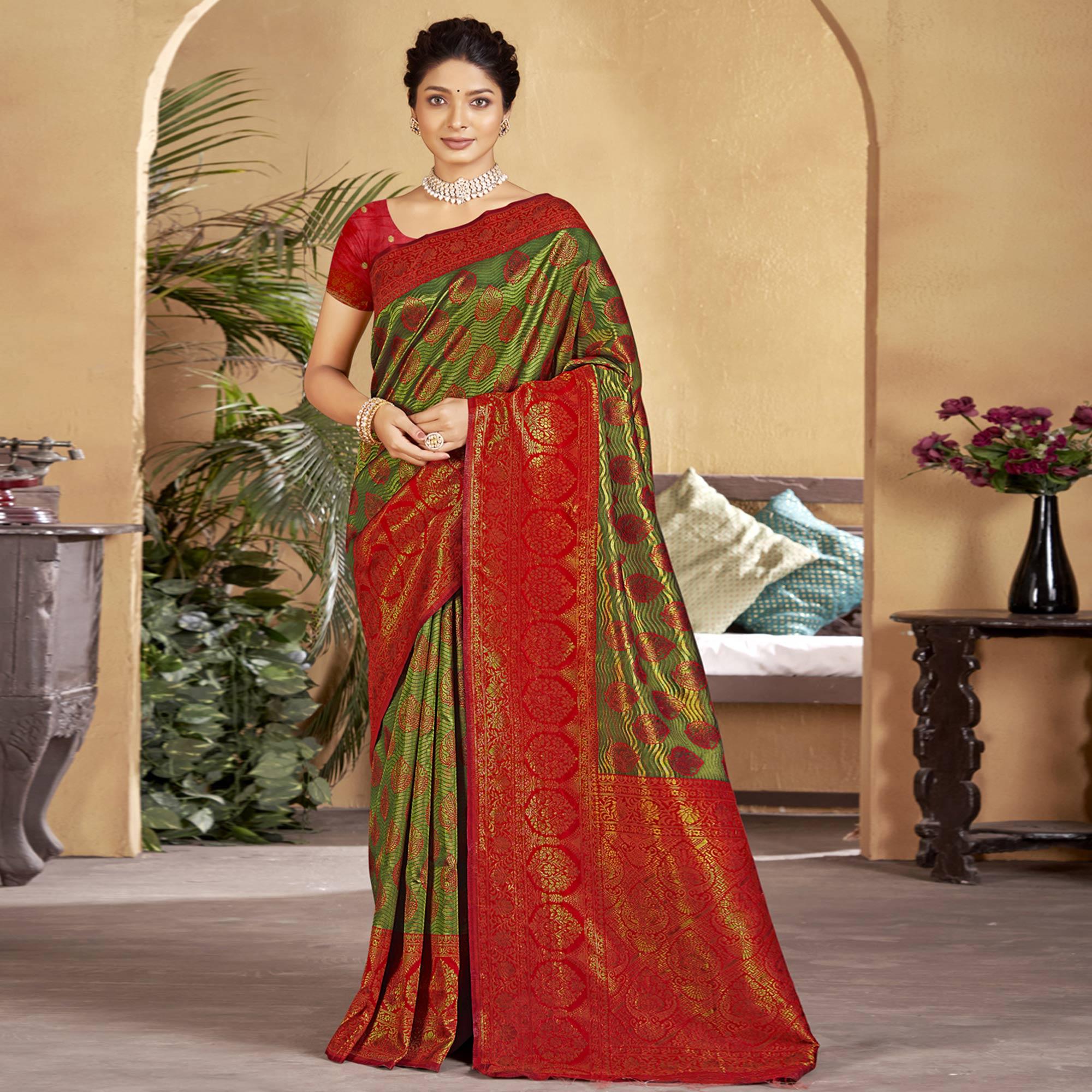 Green-Red Woven Art Silk Saree - Peachmode