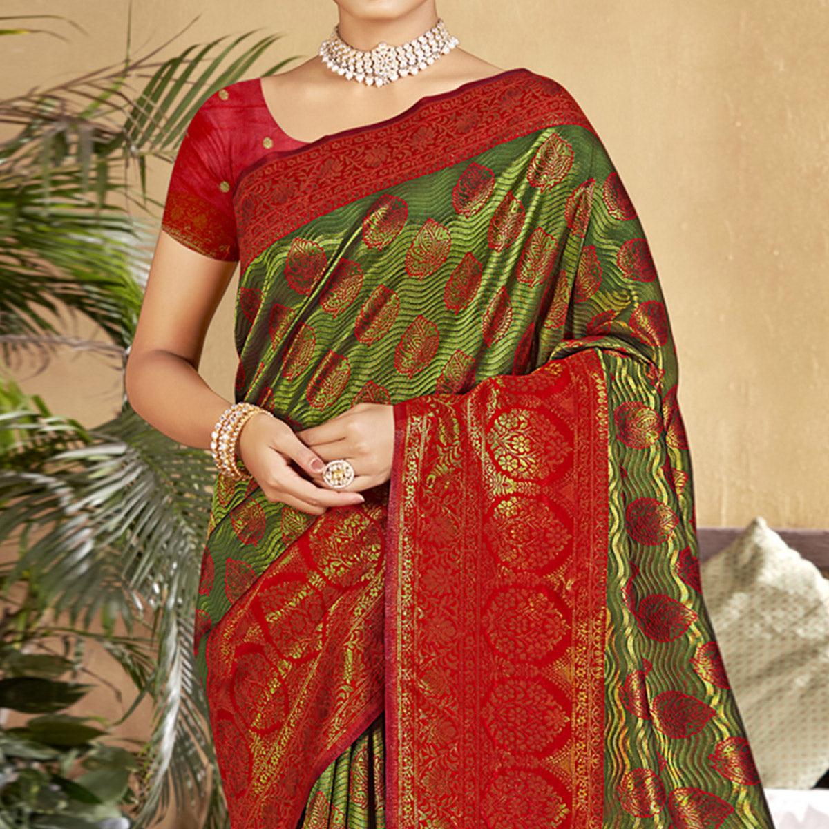 Green-Red Woven Art Silk Saree - Peachmode