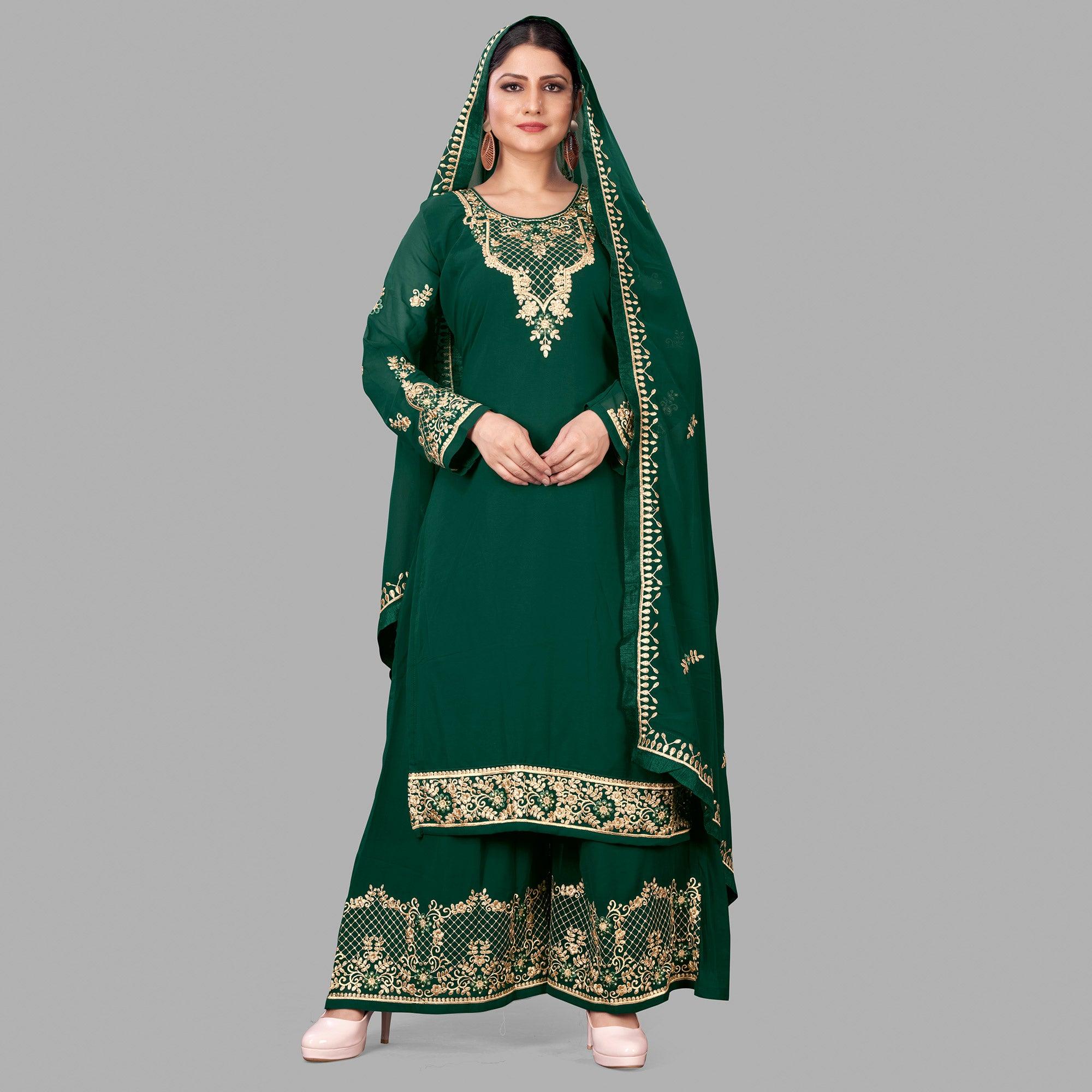 Green Semi Party Wear Embroidered Heavy Georgette Palazzo Suit - Peachmode