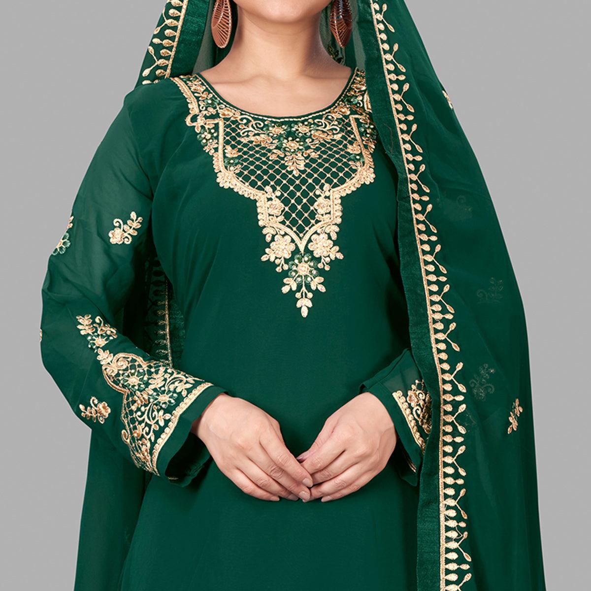 Green Semi Party Wear Embroidered Heavy Georgette Palazzo Suit - Peachmode
