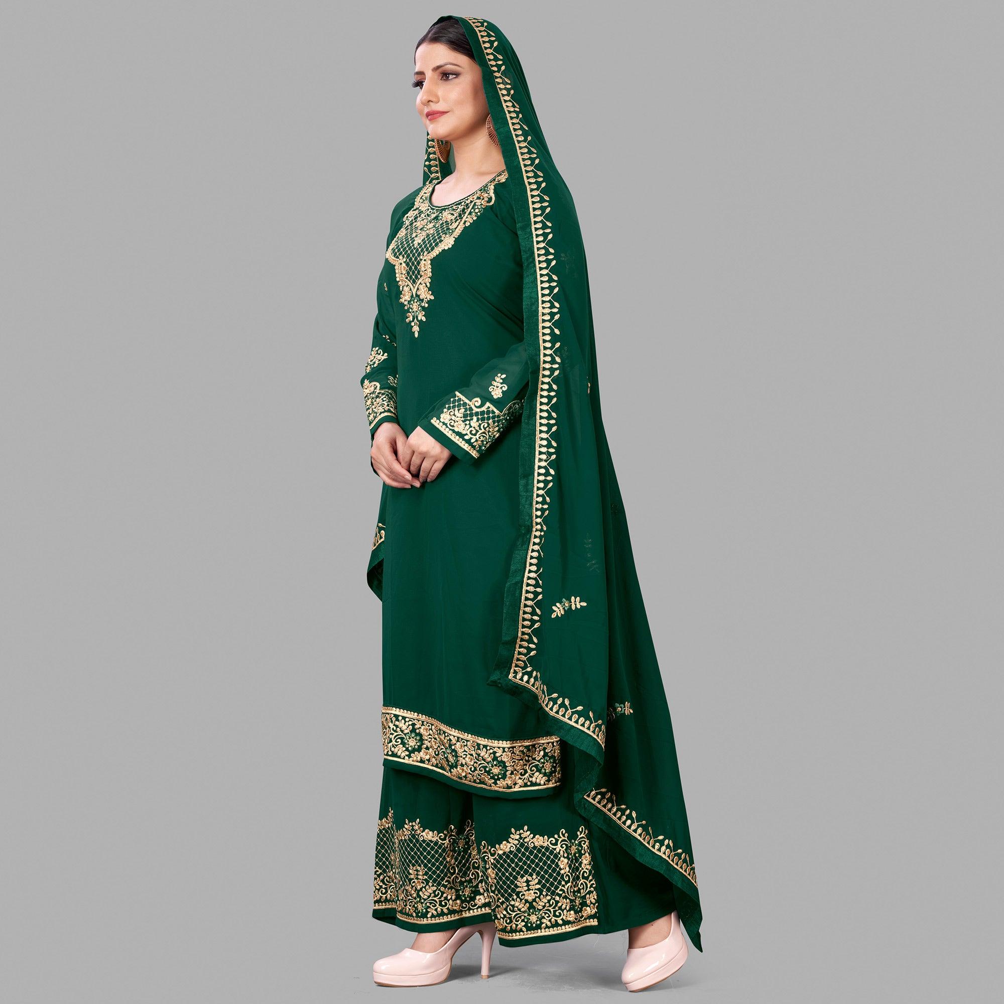Green Semi Party Wear Embroidered Heavy Georgette Palazzo Suit - Peachmode