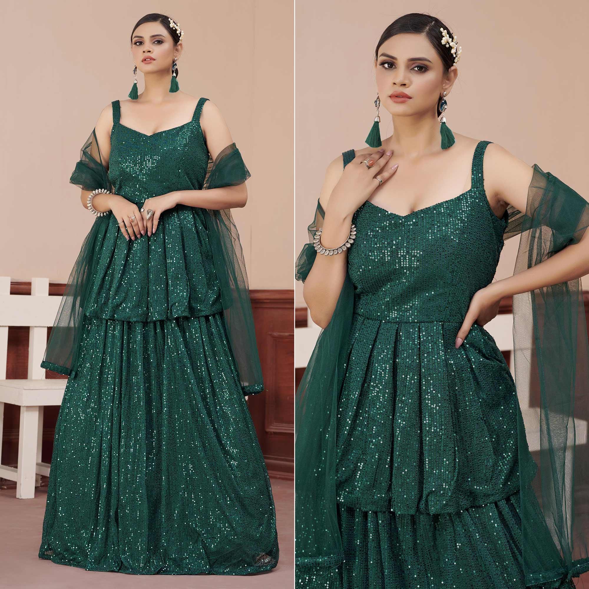 Green Sequence Embroidered Art Silk Lehenga Choli - Peachmode