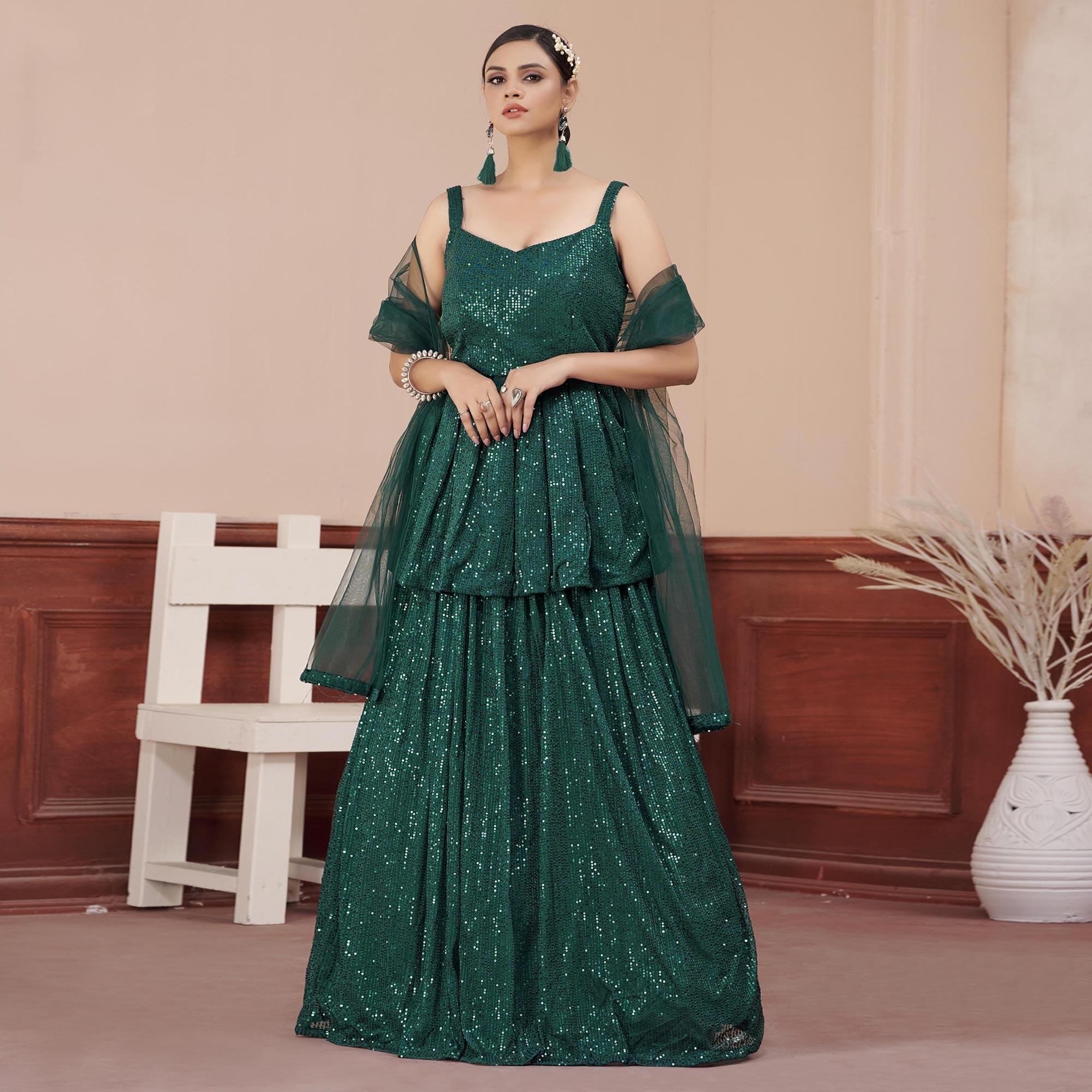 Green Sequence Embroidered Art Silk Lehenga Choli - Peachmode