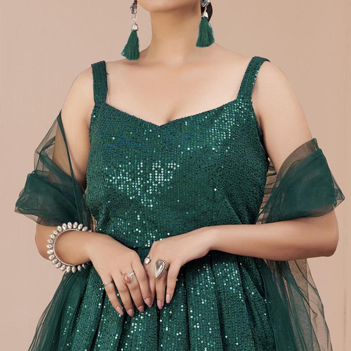 Green Sequence Embroidered Art Silk Lehenga Choli - Peachmode