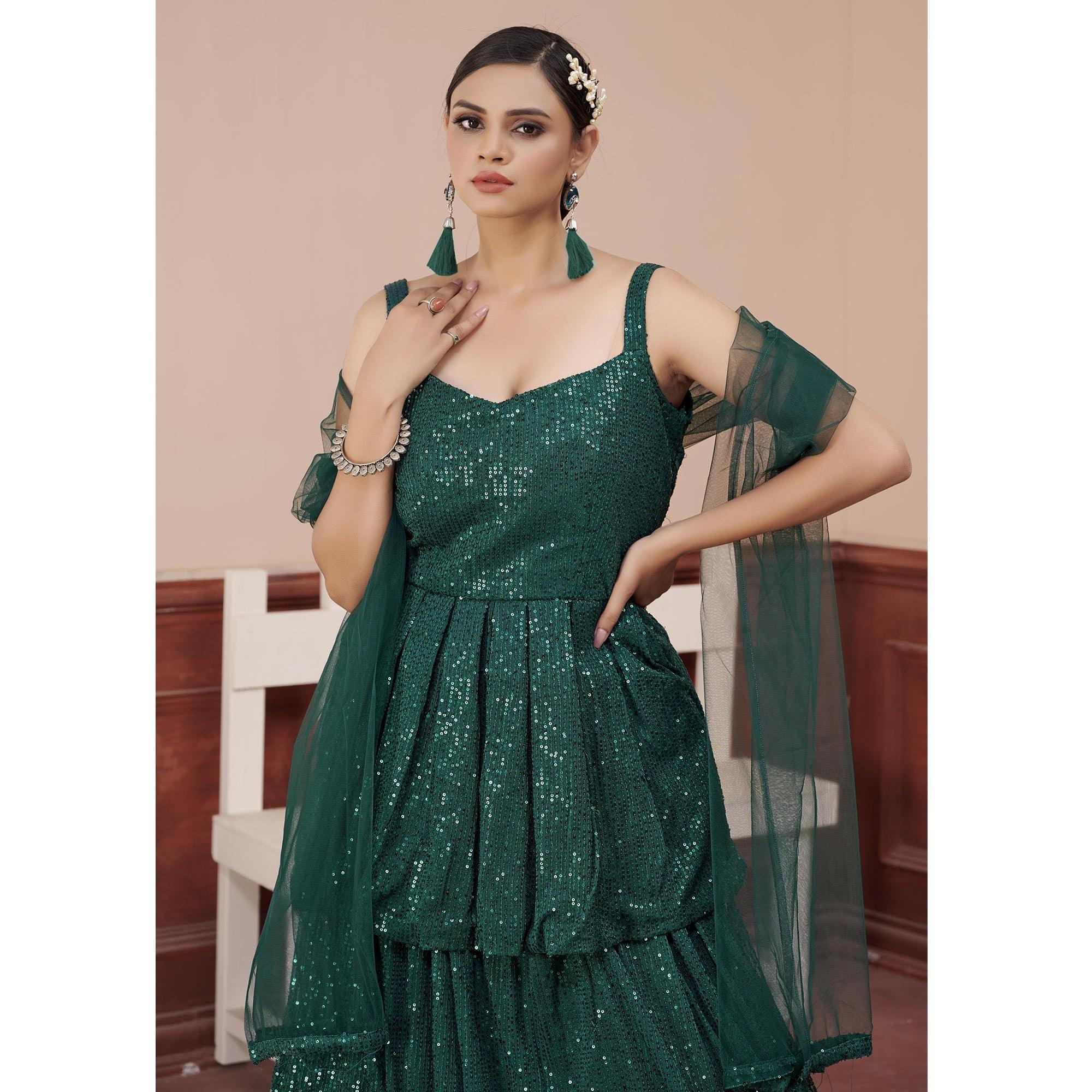 Green Sequence Embroidered Art Silk Lehenga Choli - Peachmode