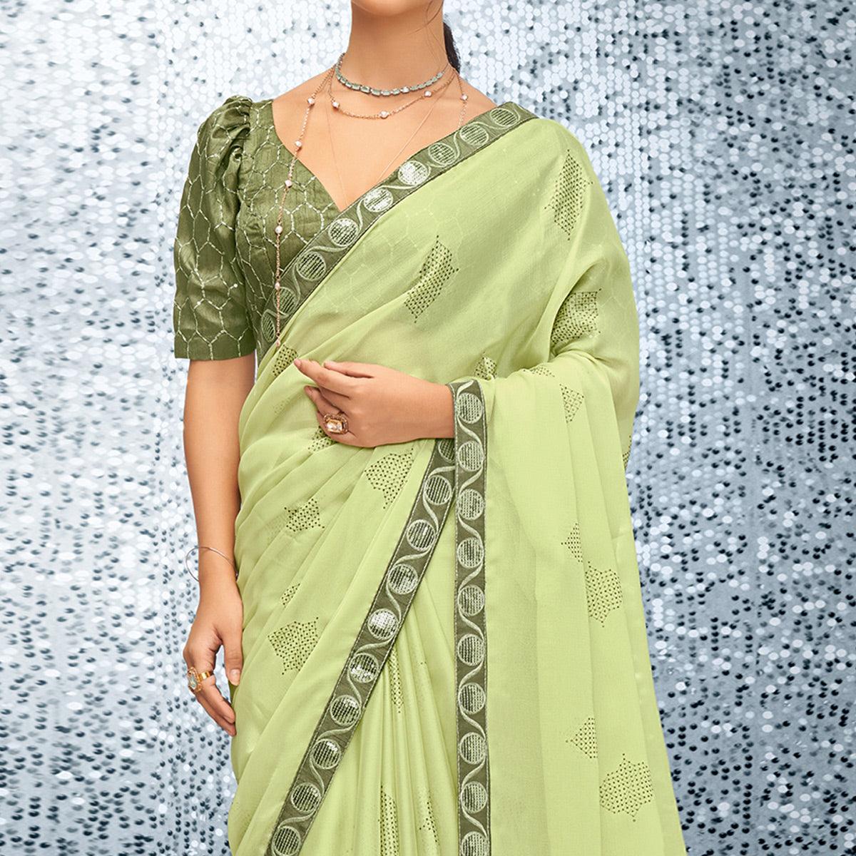 Green Sequence Embroidered Chiffon Saree - Peachmode