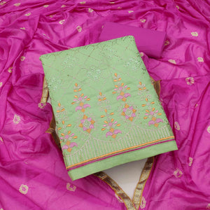 Green Sequence Embroidered Cotton Dress Material - Peachmode