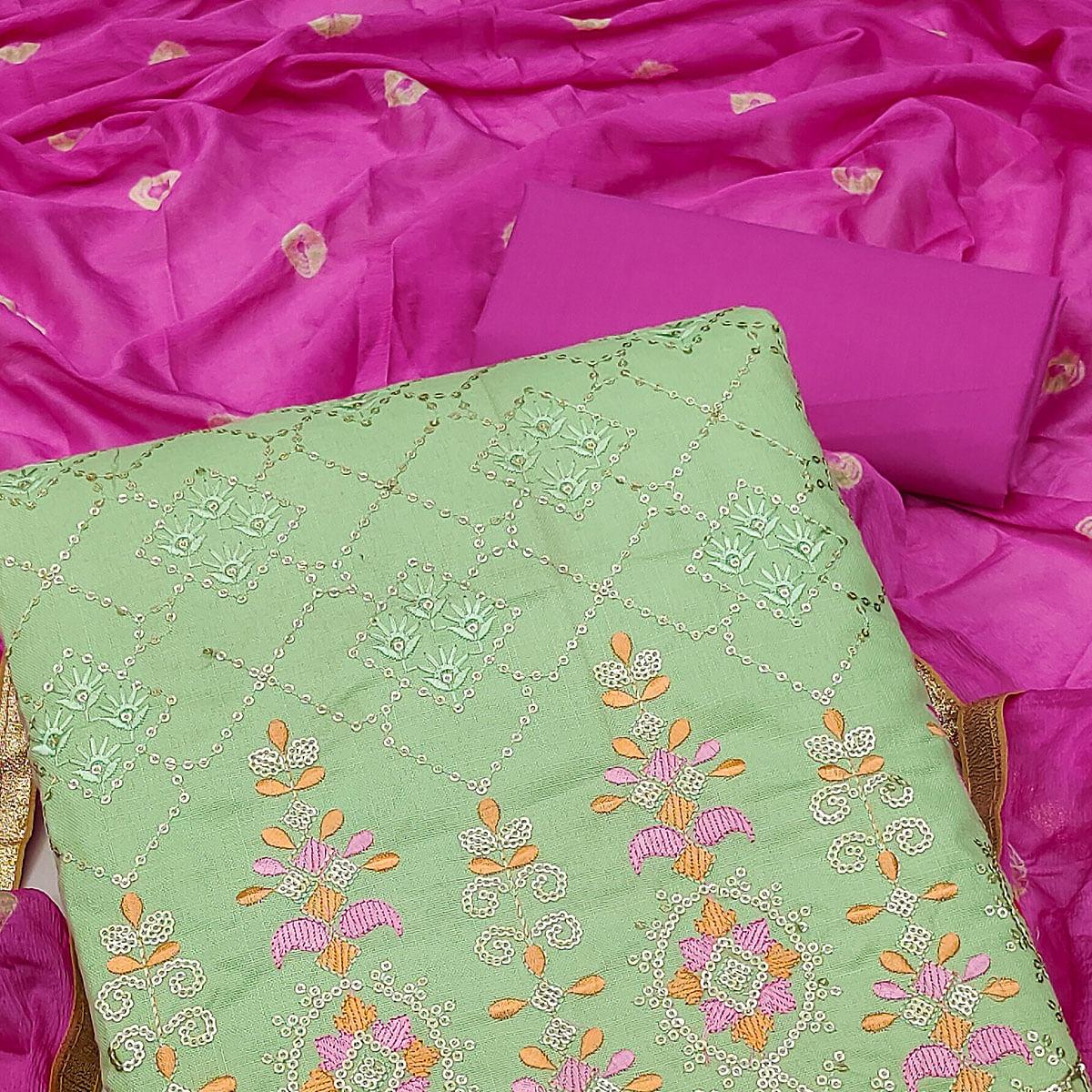Green Sequence Embroidered Cotton Dress Material - Peachmode