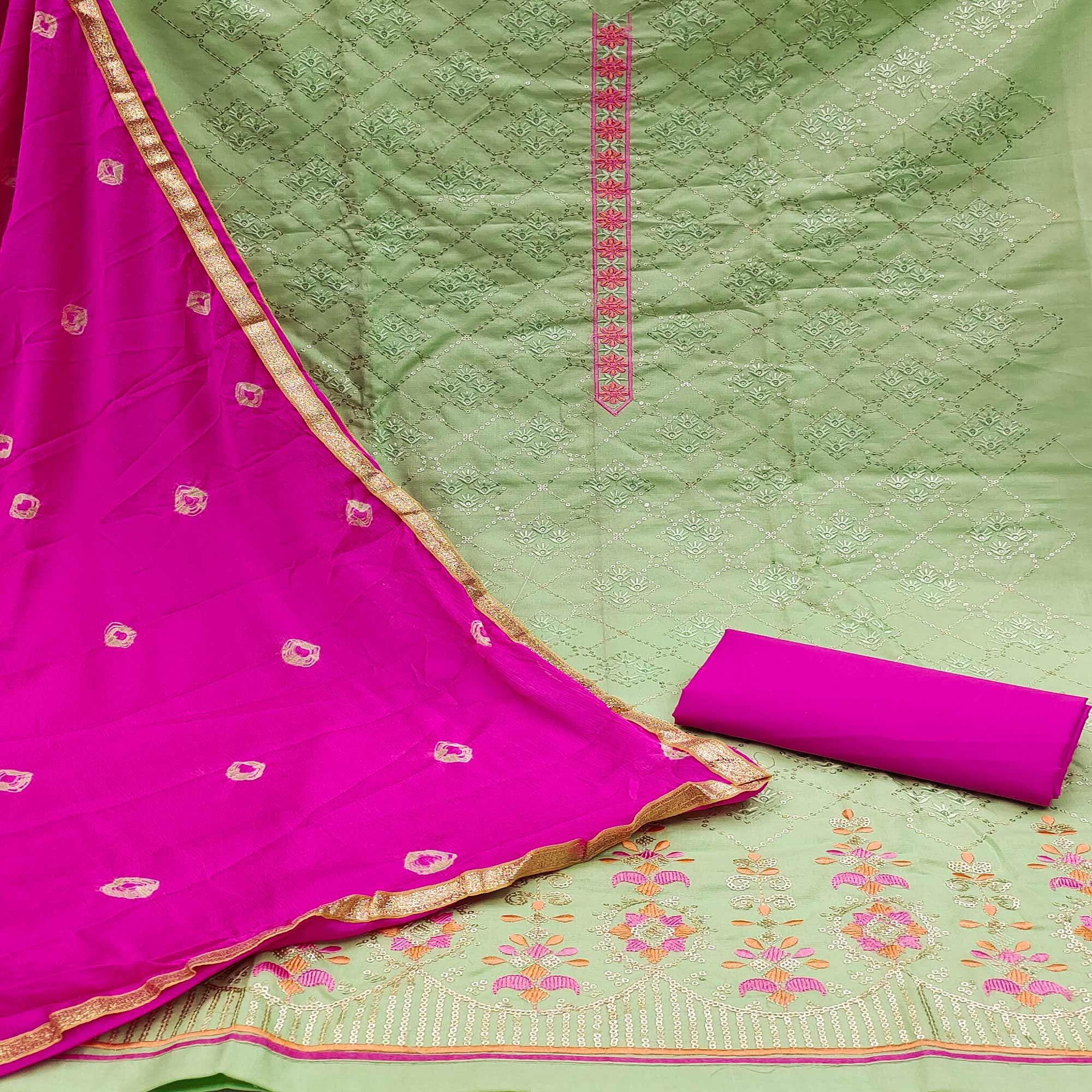Green Sequence Embroidered Cotton Dress Material - Peachmode