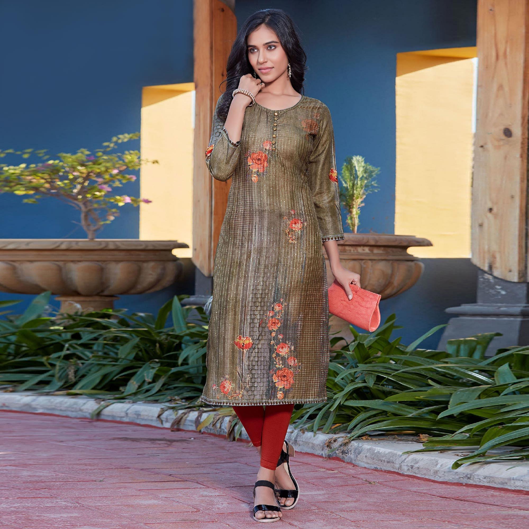 Green Sequence Embroidered Cotton Silk Kurti - Peachmode