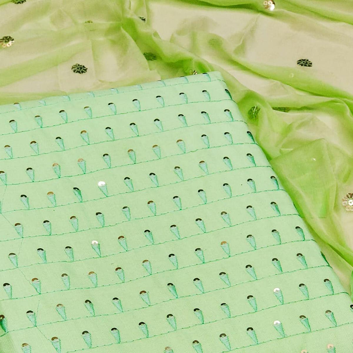 Green Sequence Embroidered Cotton Slub Dress Material - Peachmode