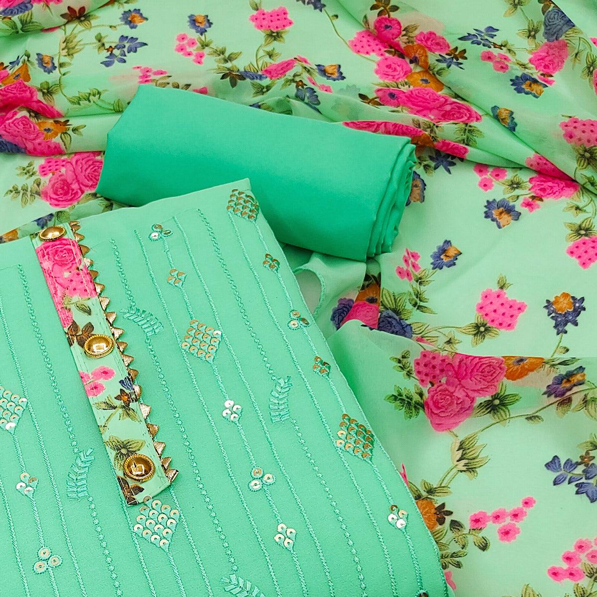 Green Sequence Embroidered Georgette Dress Material - Peachmode