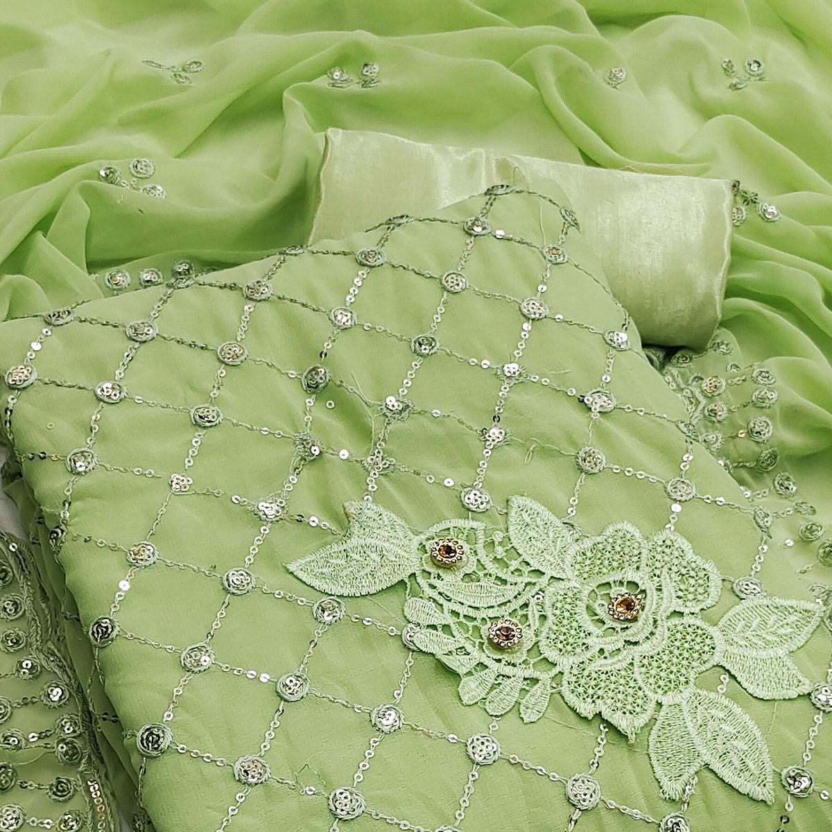 Green Sequence Embroidered Georgette Dress Material - Peachmode