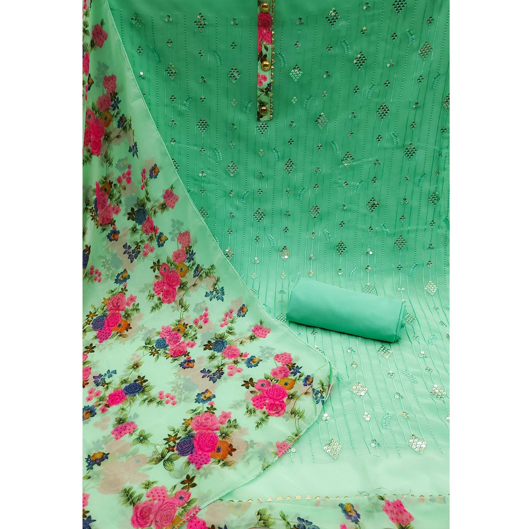 Green Sequence Embroidered Georgette Dress Material - Peachmode