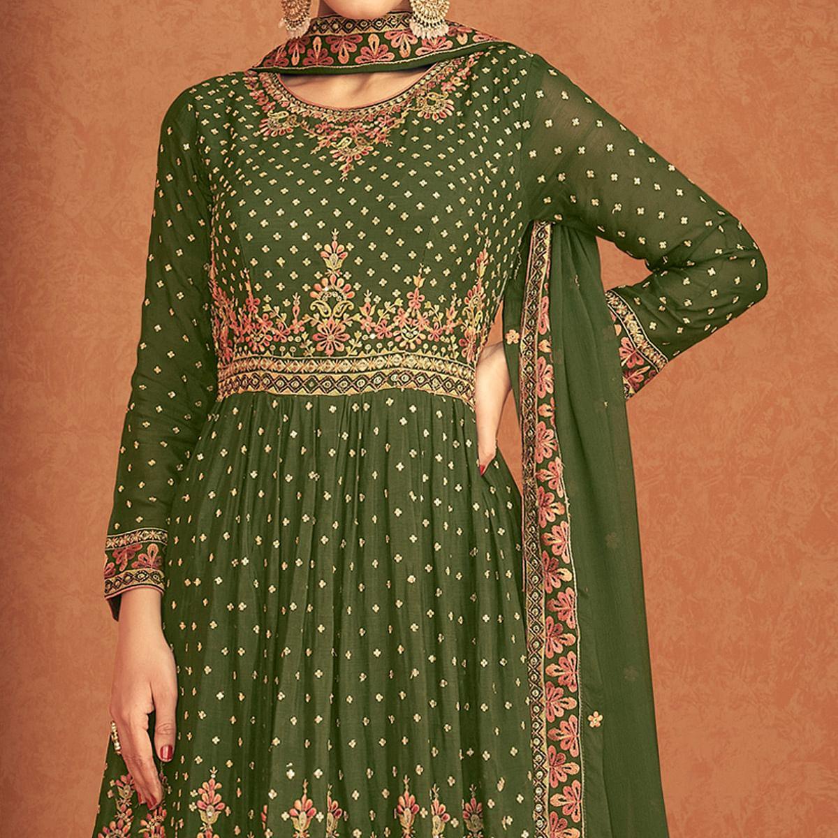 Green Sequence Embroidered Georgette Lehenga With Top - Peachmode