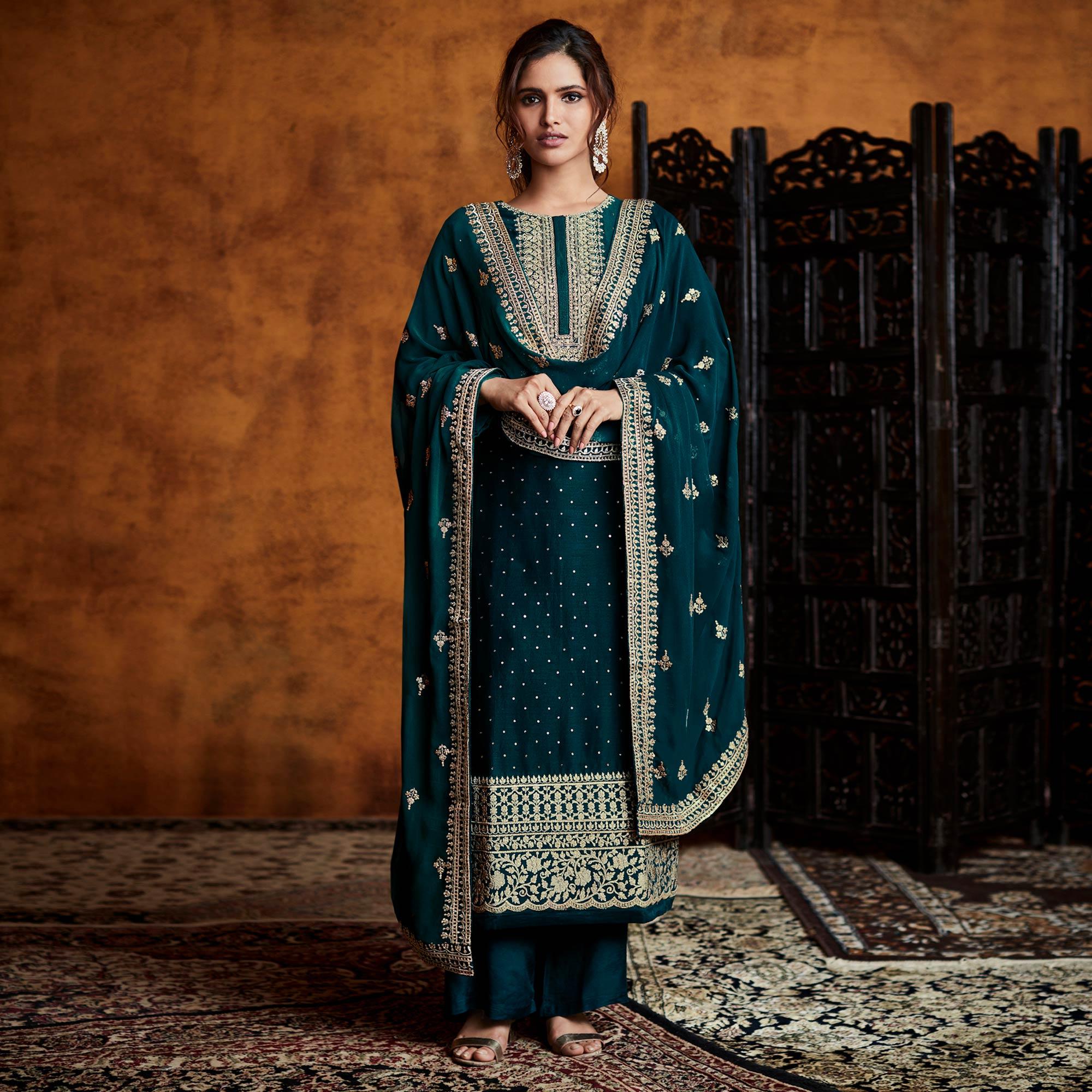 Green Sequence Embroidered Georgette Partywear Suit - Peachmode