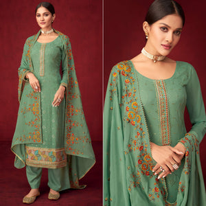 Green Sequence Embroidered Georgette Partywear Suit - Peachmode