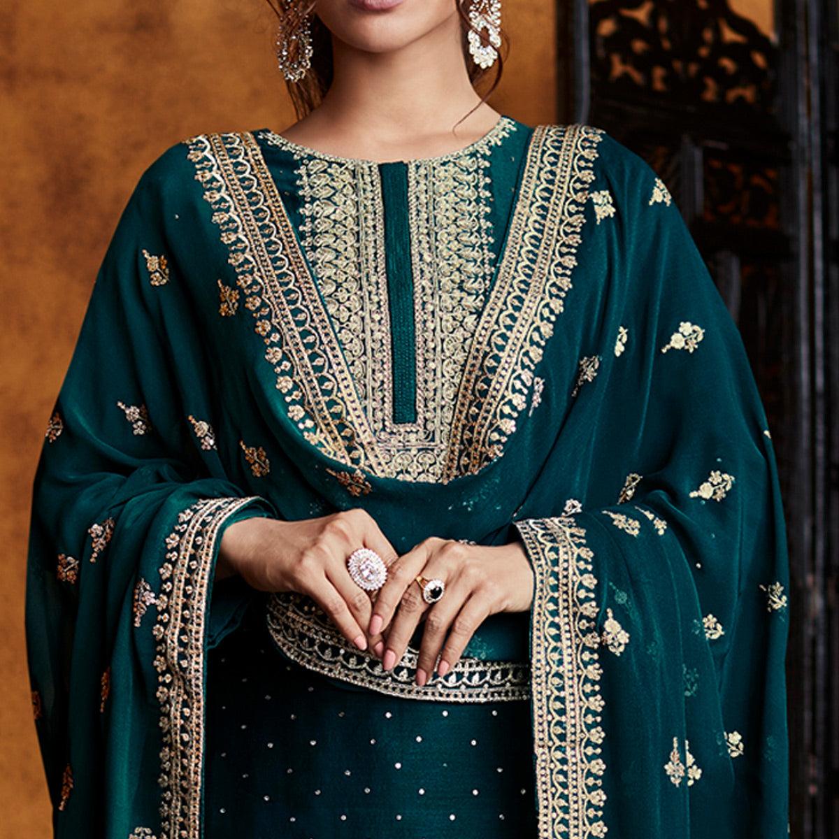 Green Sequence Embroidered Georgette Partywear Suit - Peachmode