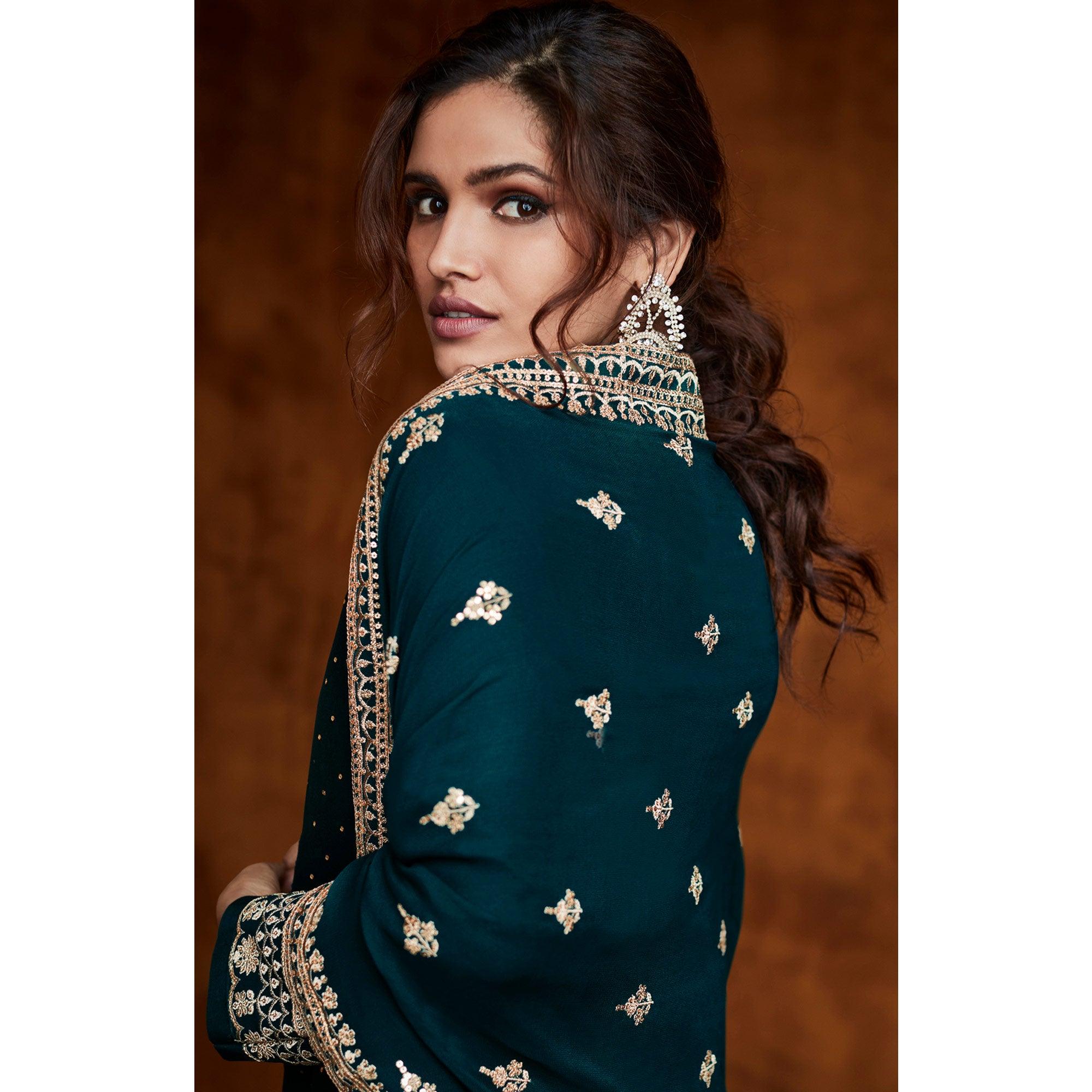 Green Sequence Embroidered Georgette Partywear Suit - Peachmode