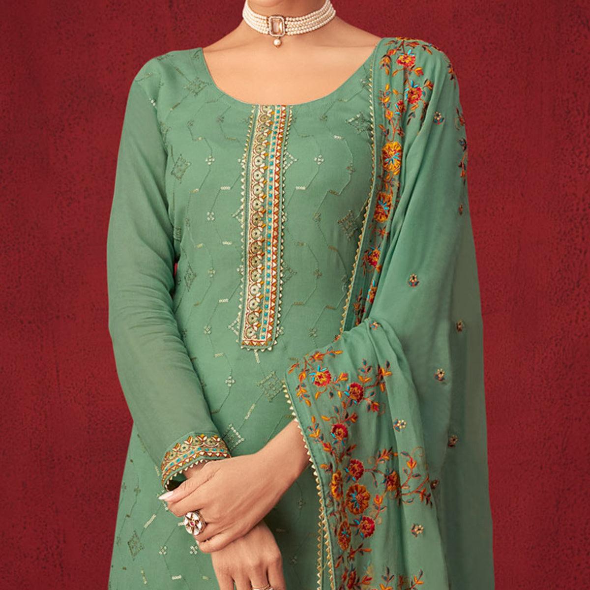 Green Sequence Embroidered Georgette Partywear Suit - Peachmode