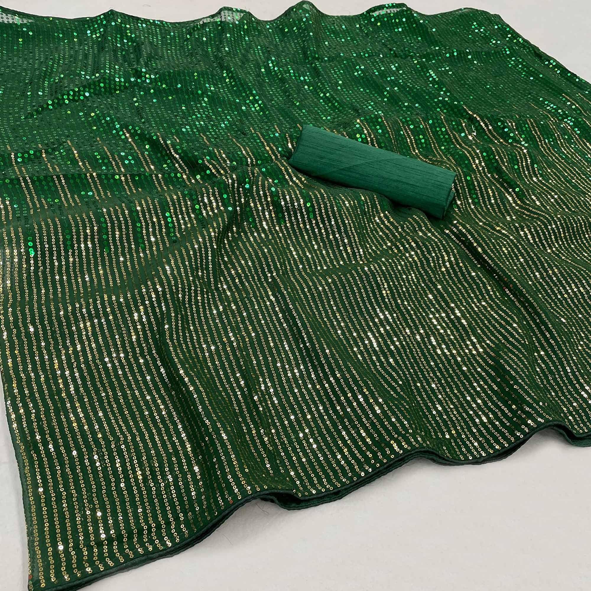 Green Sequence Embroidered Georgette Saree - Peachmode