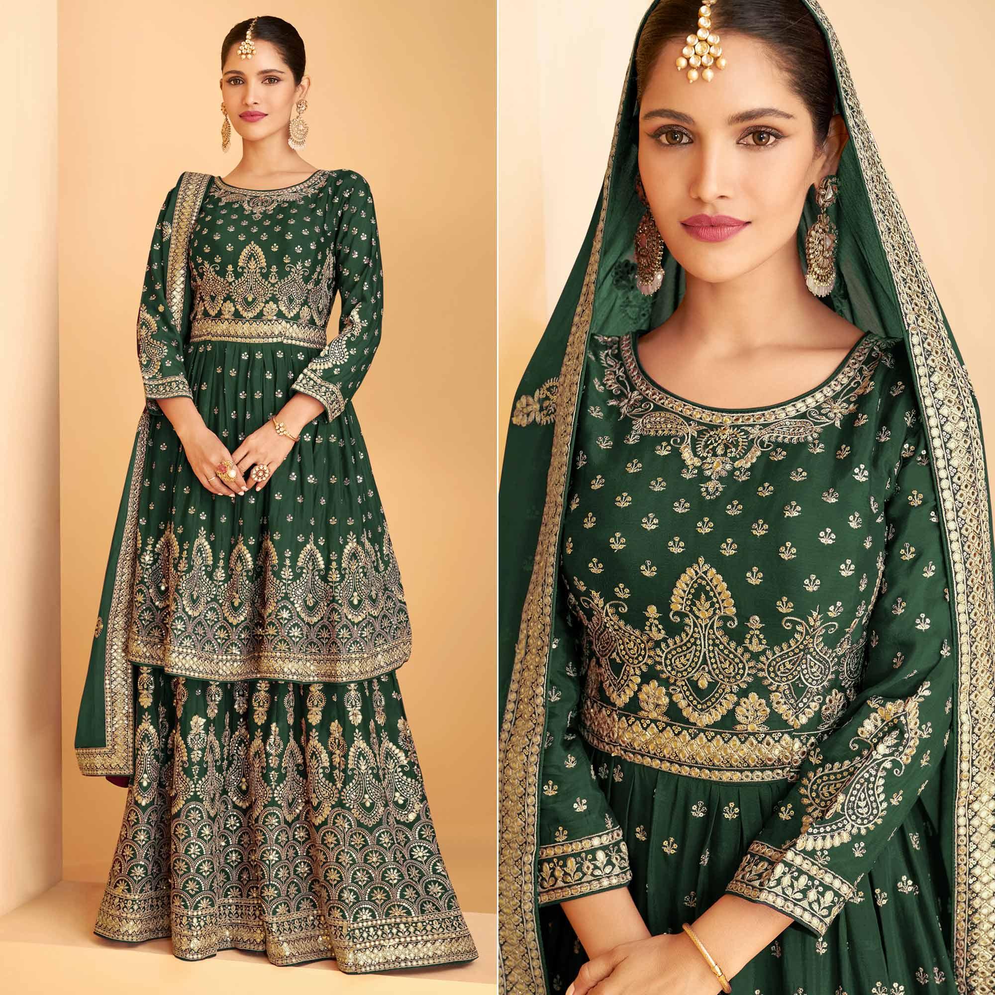 Green Sequence Embroidered Georgette Sharara Suit - Peachmode