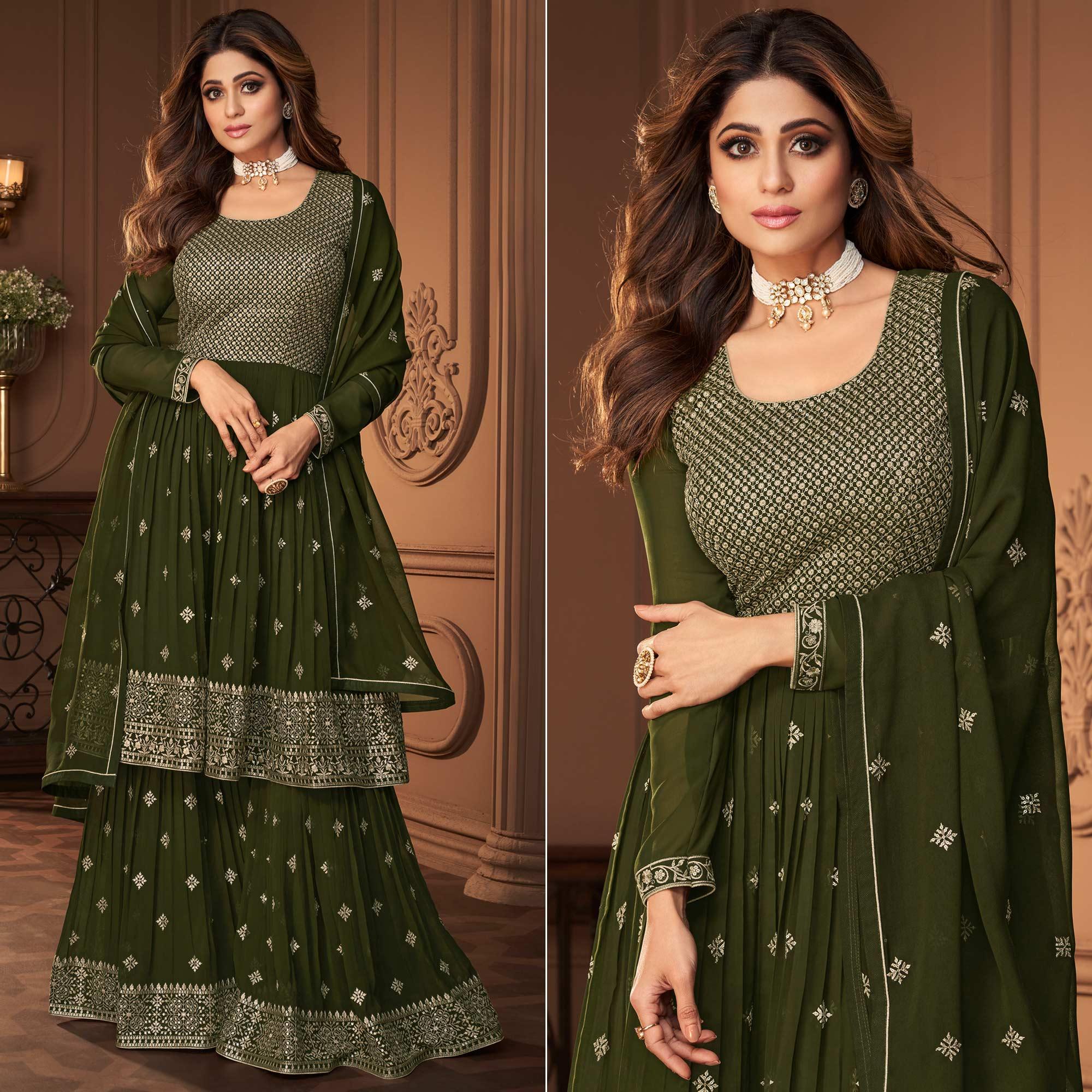 Green Sequence Embroidered Georgette Sharara Suit - Peachmode