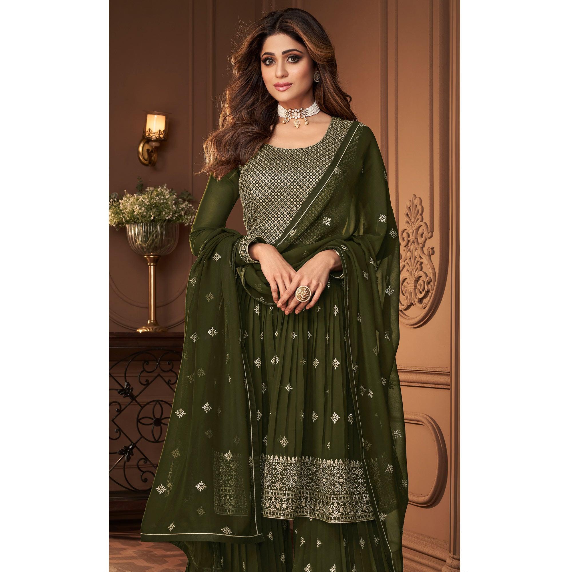 Green Sequence Embroidered Georgette Sharara Suit - Peachmode