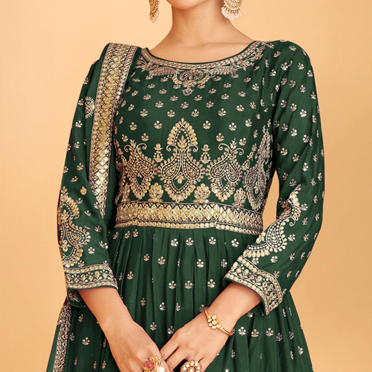Green Sequence Embroidered Georgette Sharara Suit - Peachmode