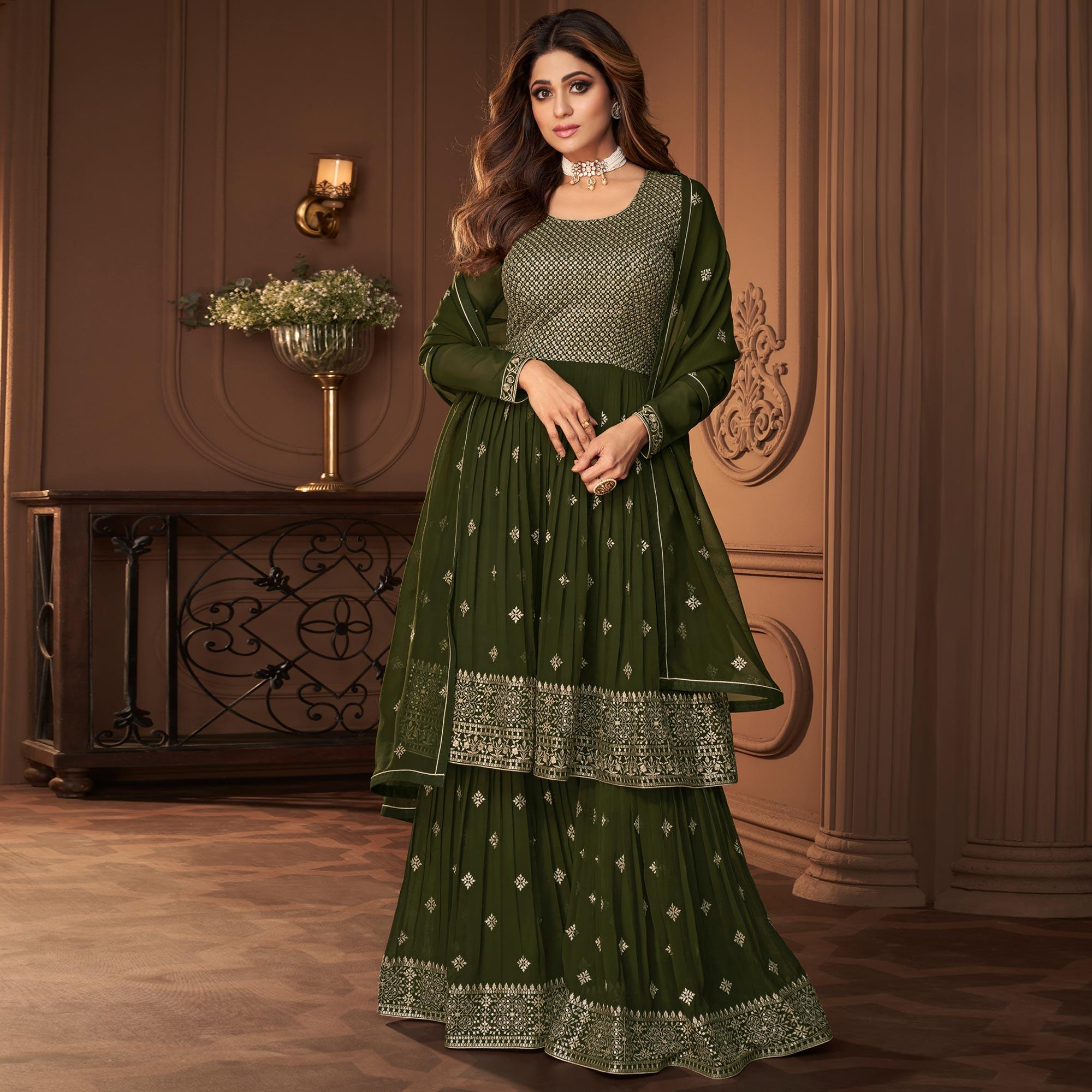 Green Sequence Embroidered Georgette Sharara Suit - Peachmode