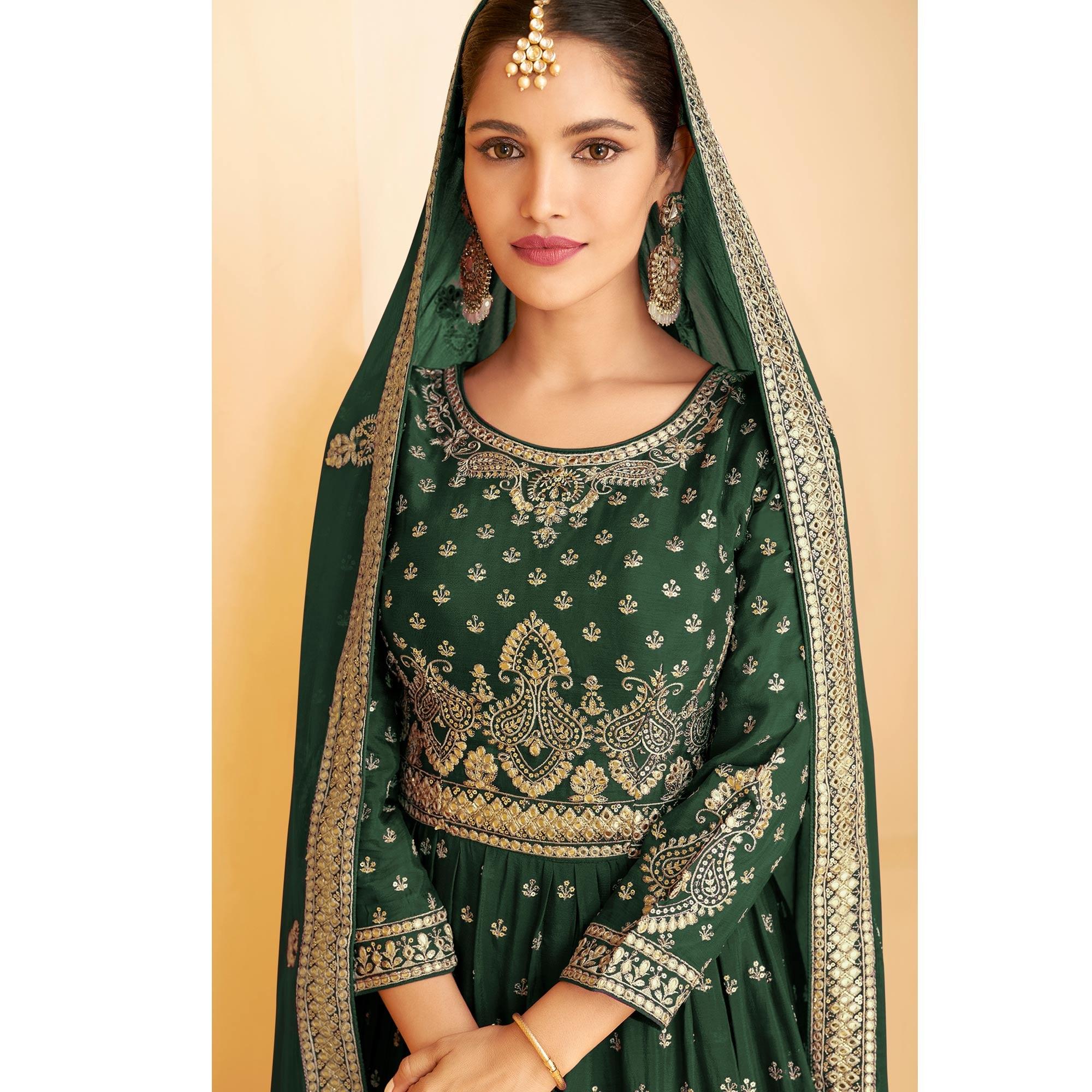 Green Sequence Embroidered Georgette Sharara Suit - Peachmode