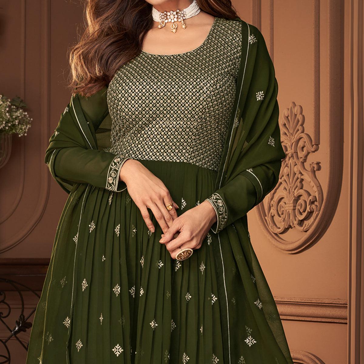 Green Sequence Embroidered Georgette Sharara Suit - Peachmode