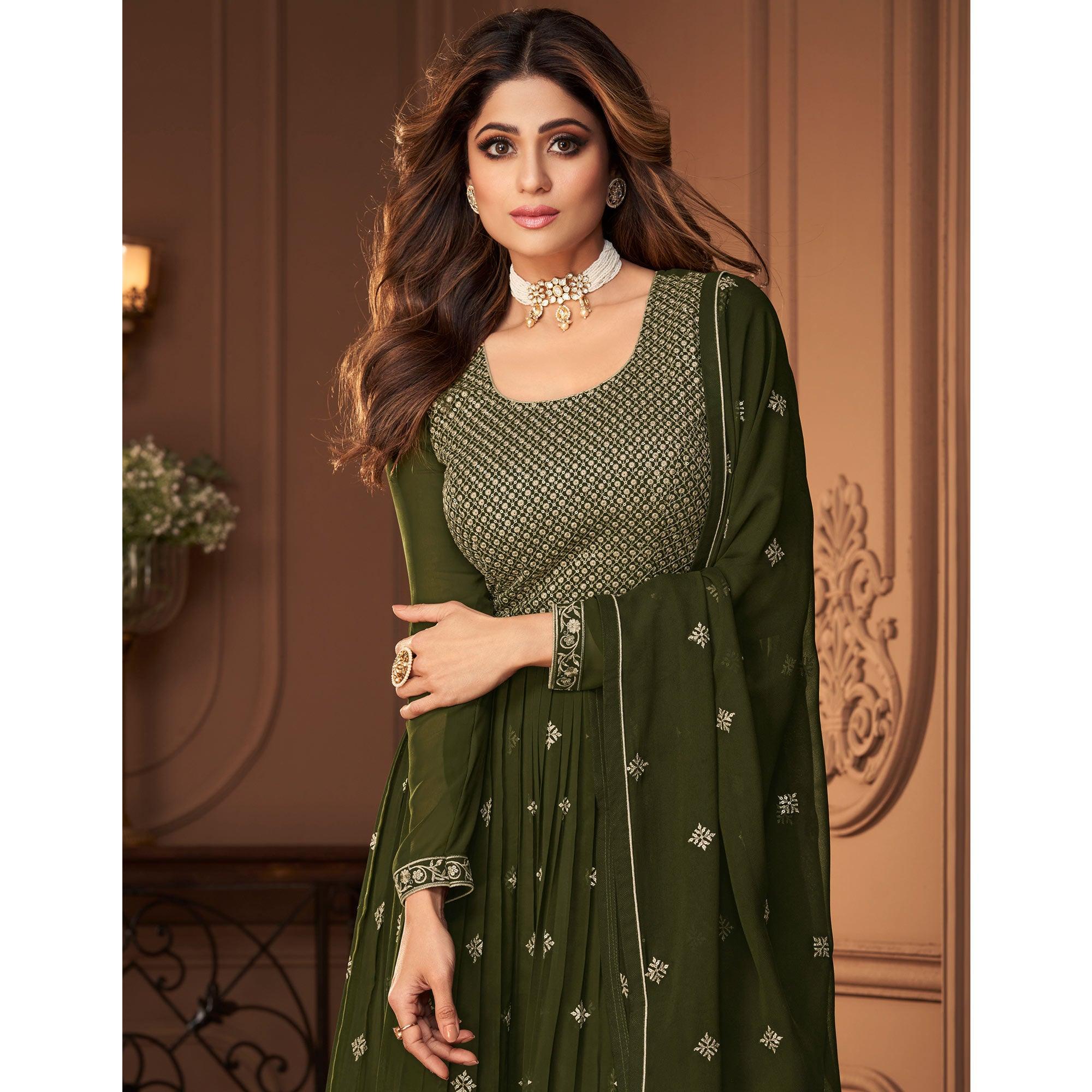Green Sequence Embroidered Georgette Sharara Suit - Peachmode