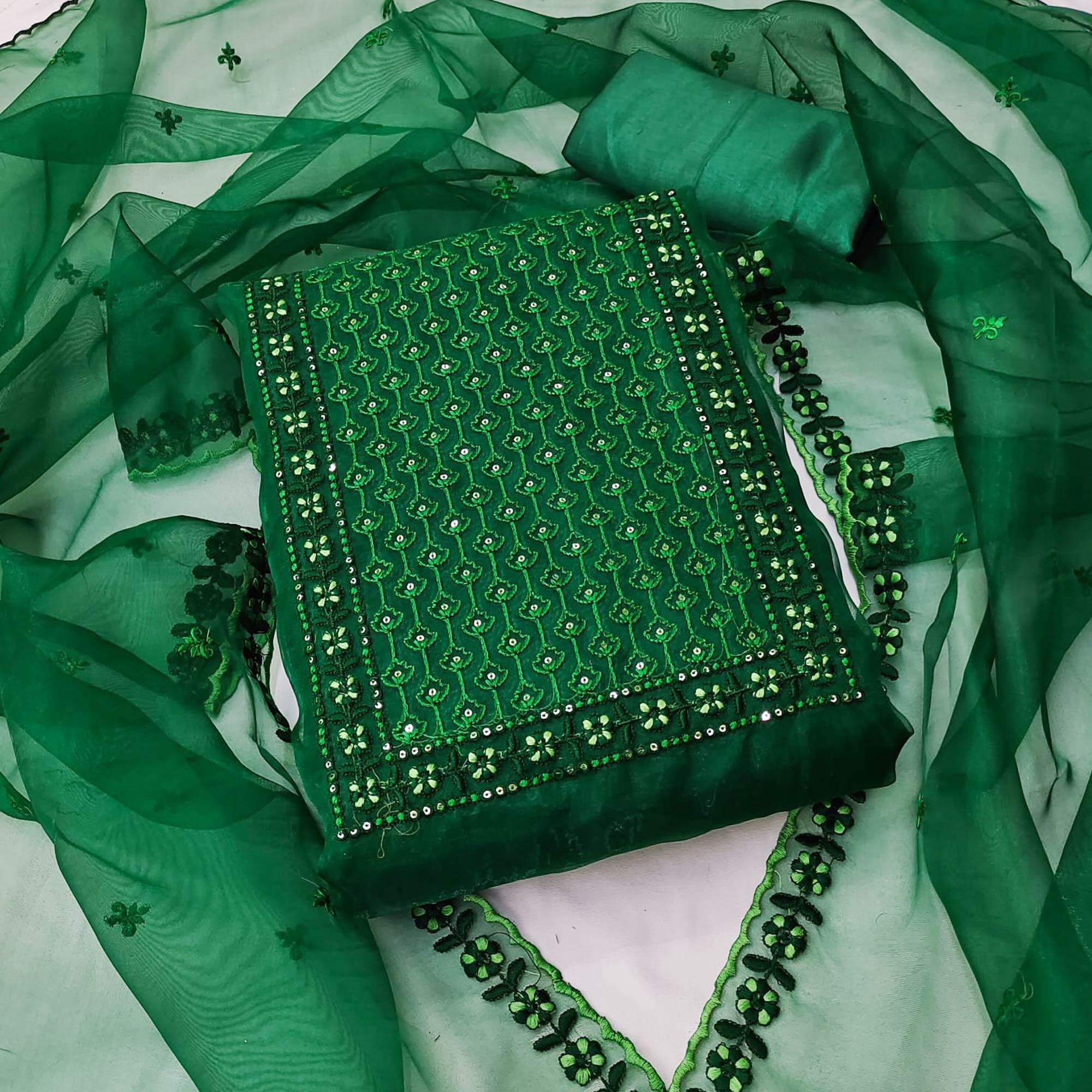 Green Sequence Embroidered Organza Dress Material - Peachmode