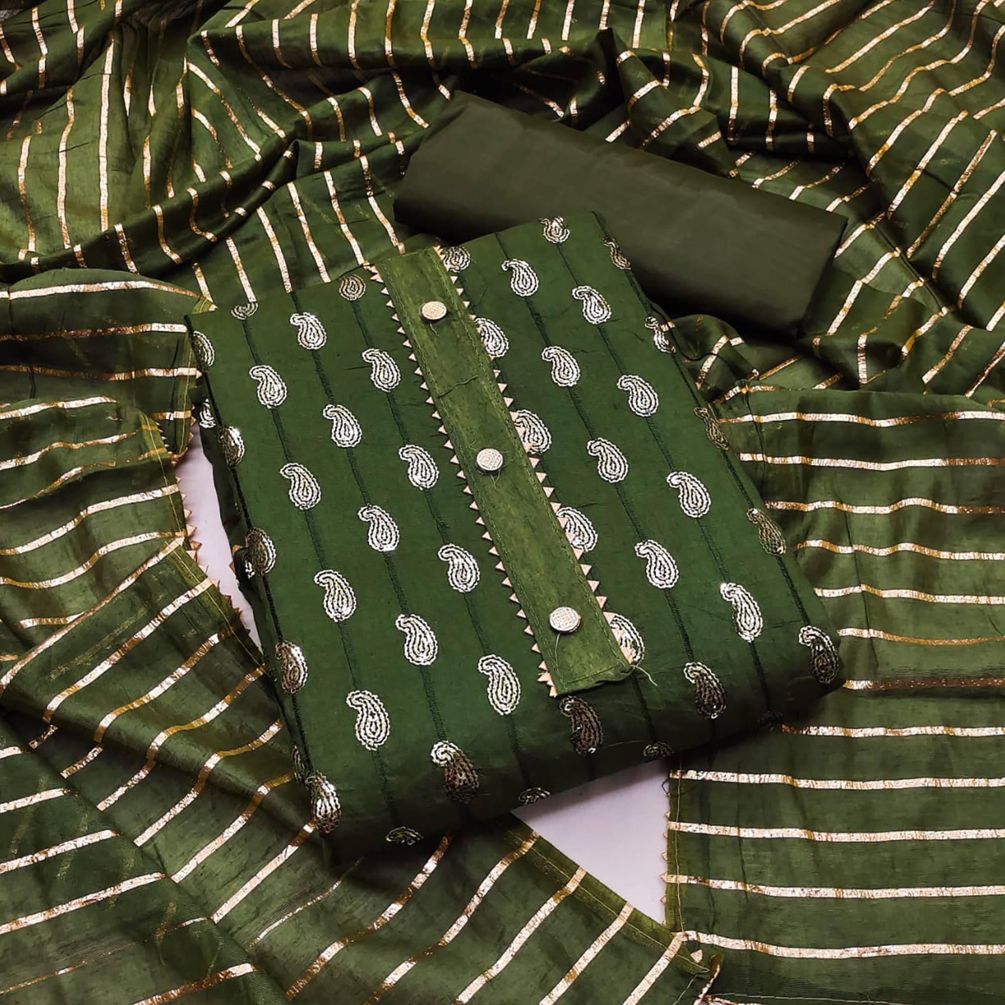 Green Sequence Embroidered Pure Cotton Dress Material - Peachmode