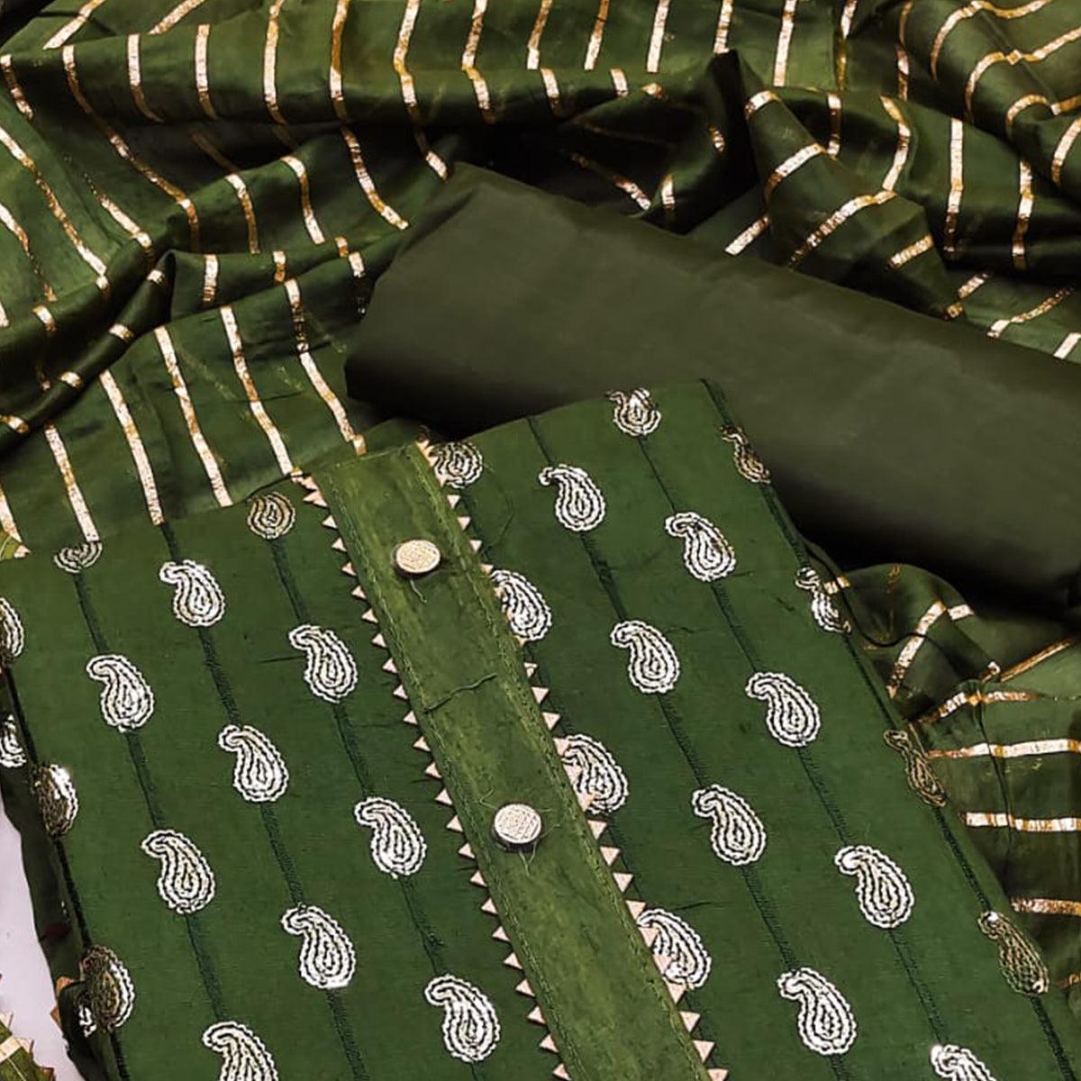 Green Sequence Embroidered Pure Cotton Dress Material - Peachmode