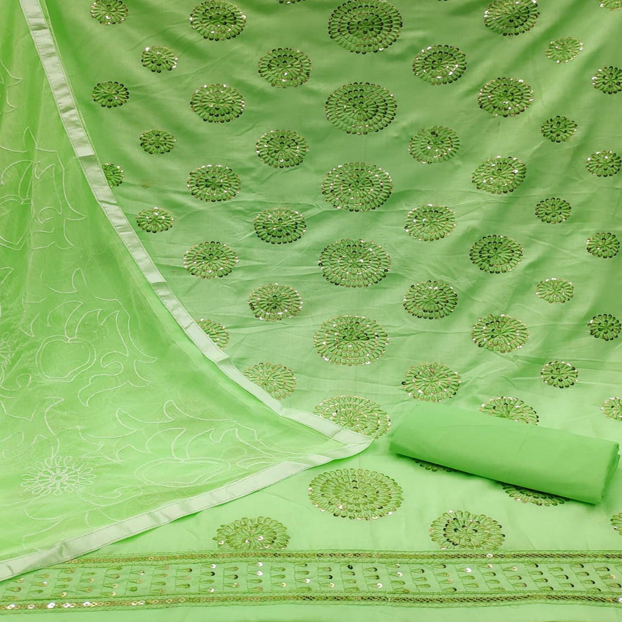 Green Sequence Embroidered Pure Cotton Dress Material - Peachmode