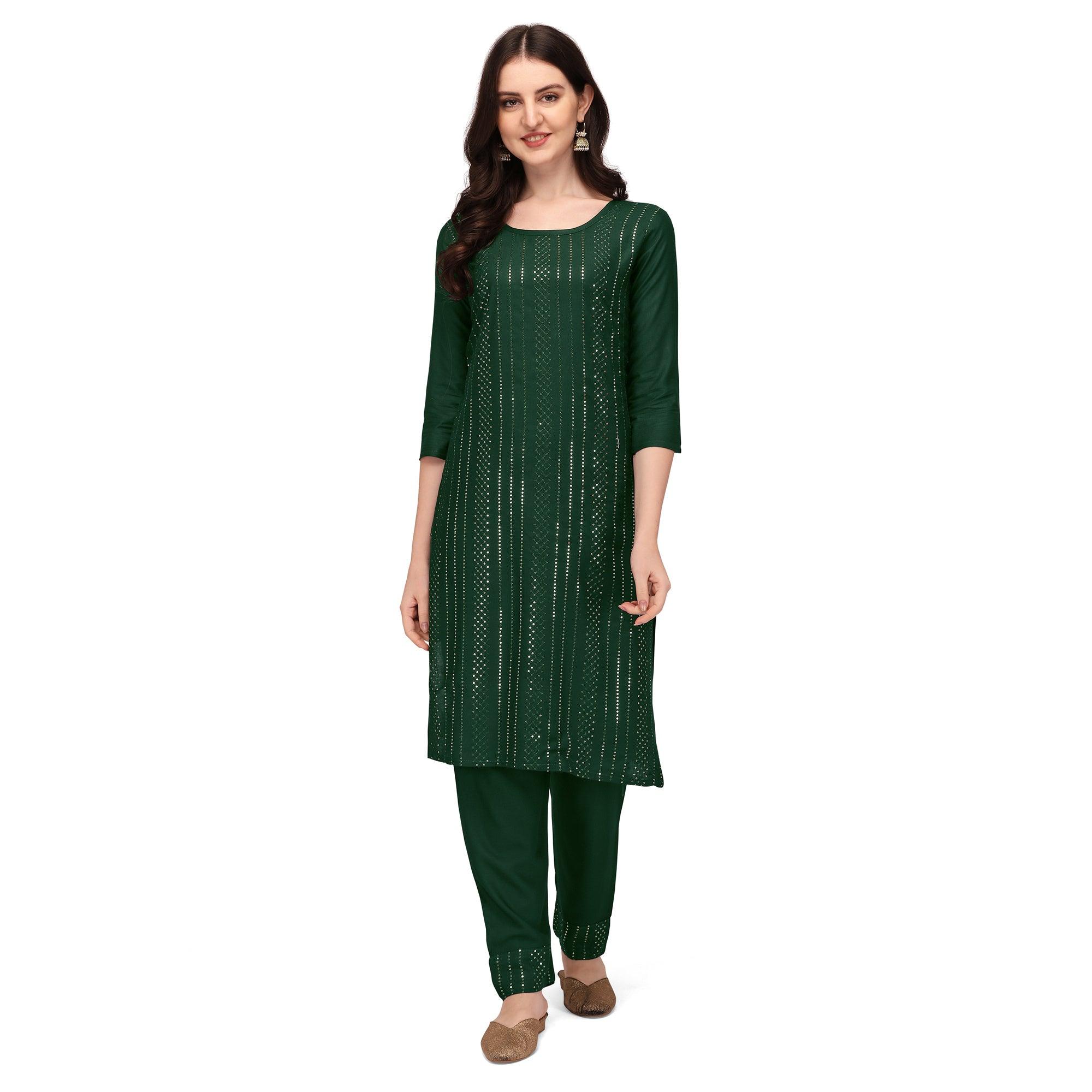 Green Sequence Embroidered Rayon Kurti Pant Set - Peachmode