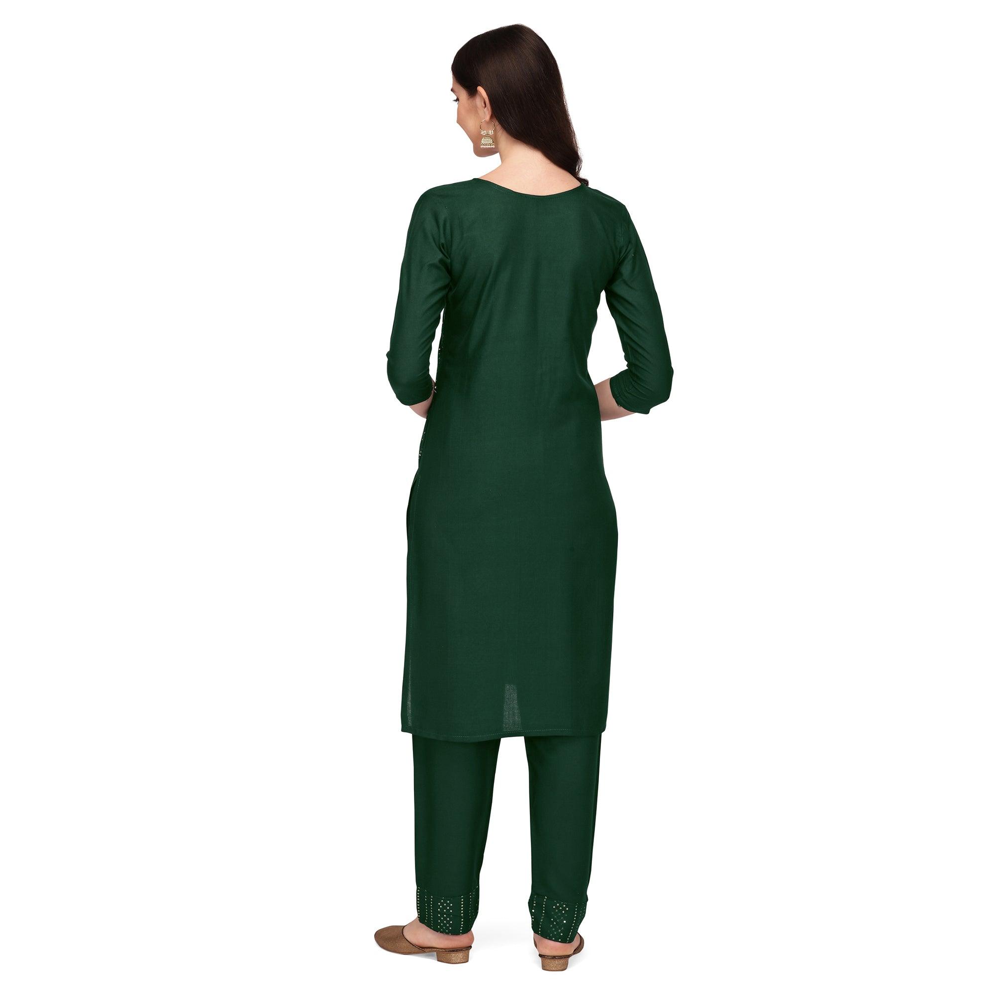 Green Sequence Embroidered Rayon Kurti Pant Set - Peachmode
